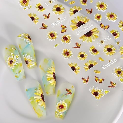 Miniatura 9 de Calcomanías de arte de uñas de girasol en relieve 5D, calcomanías autoadhesivas para uñas de flores grabadas florales de verano, calcomanías de uñas
