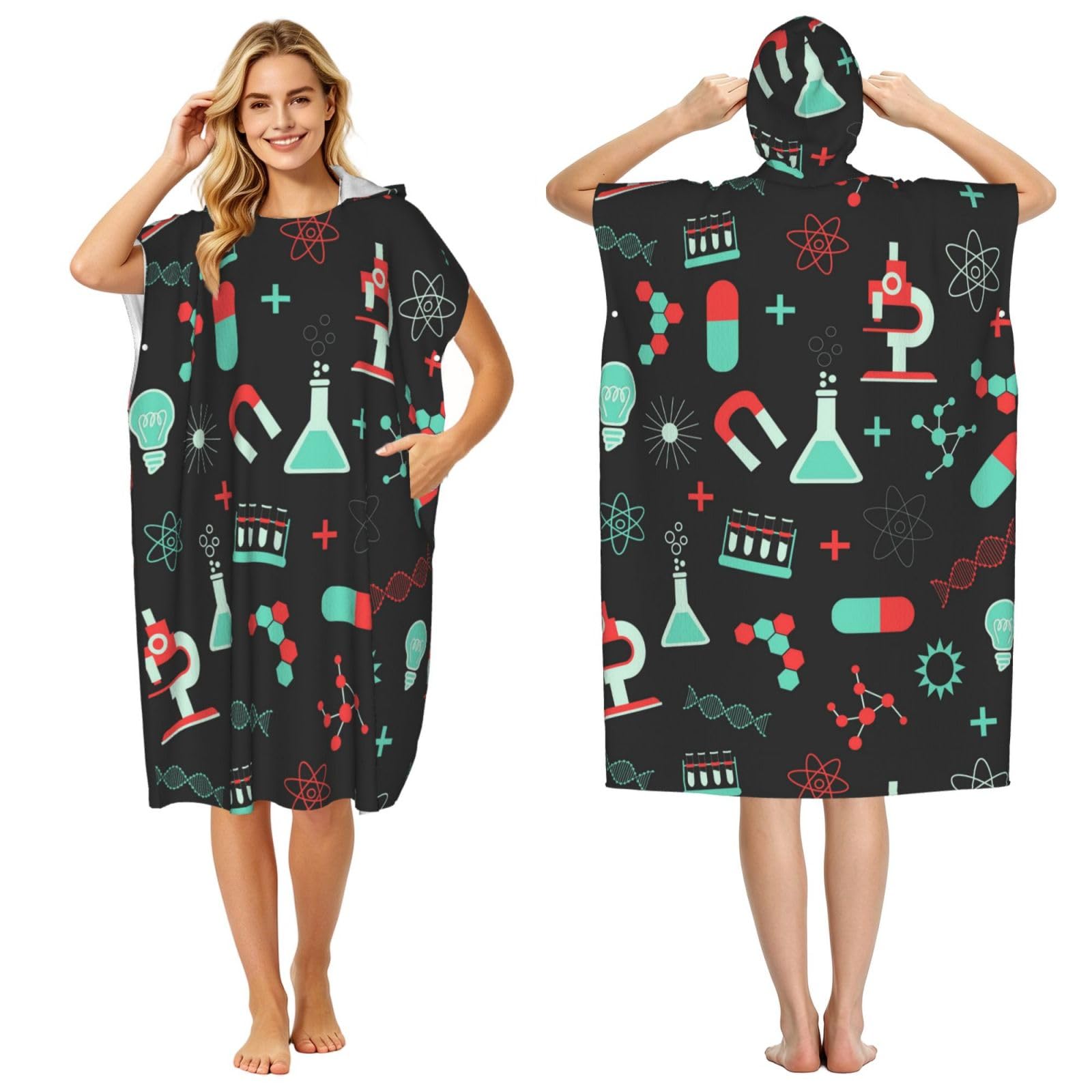 Poadnly Green Chemistry And Science Patterns, Adult Hooded Beach Towel 90 x 110 cm,Changing Bath Robe, Surf Poncho Towel For Women Men