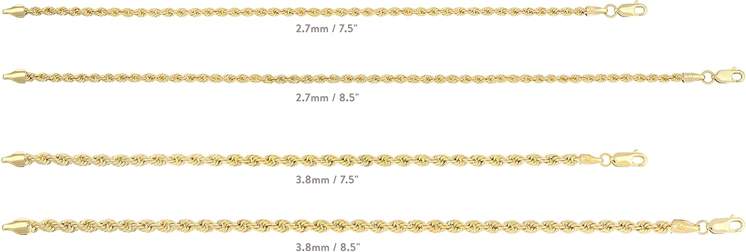 Jewelry Atelier Gold Filled Chain Bracelet Collection - 14K Solid Yellow Gold Filled Rope Chain Bracelets for Women and Men with Different Sizes (2.7mm, 3.8mm)