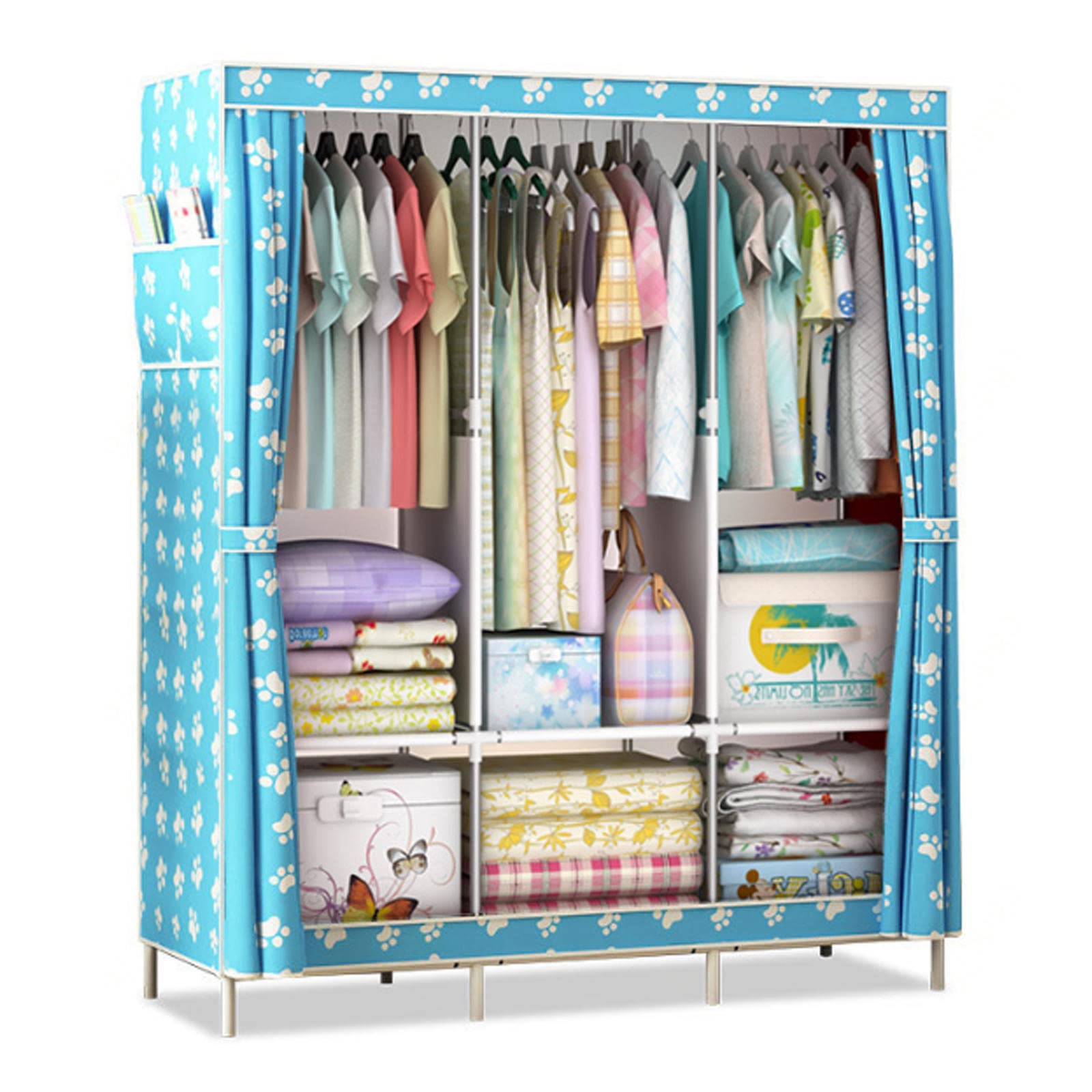 Kleiderschrank Tragbarer Kleiderschrank, Canvas-Kleiderschrank, Kleiderschrank-Aufbewahrungsorganisator mit 3 Kleiderstangen und Seitentaschen, Stoffschränke für Schlafzimmerkleidu