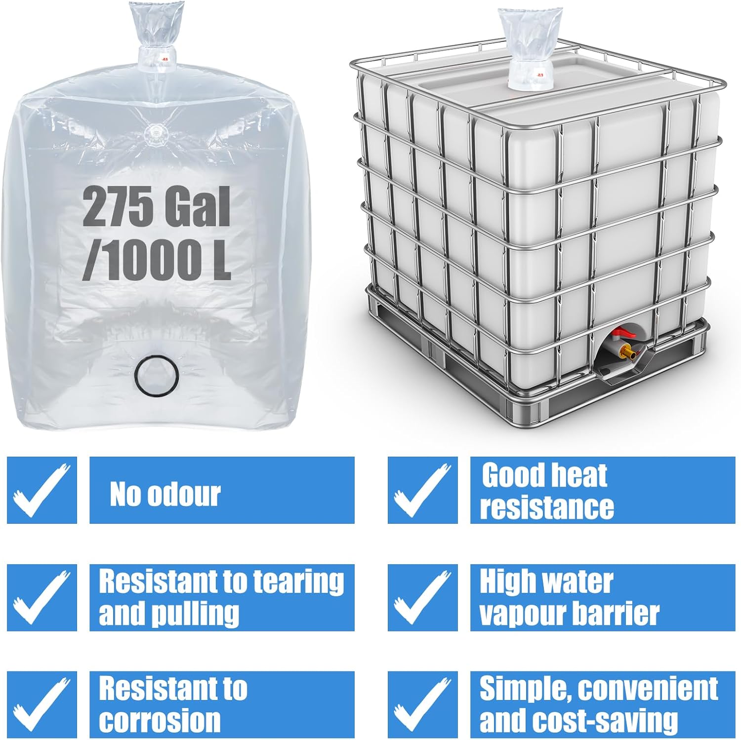 275 Gallon Water Tank IBC Tote Cover with Bottom Water Outlet IBC Storage Tank Liner Bag Clear Protective Liner Bag Protection Accessories for 1000L Rain Catcher Barrel