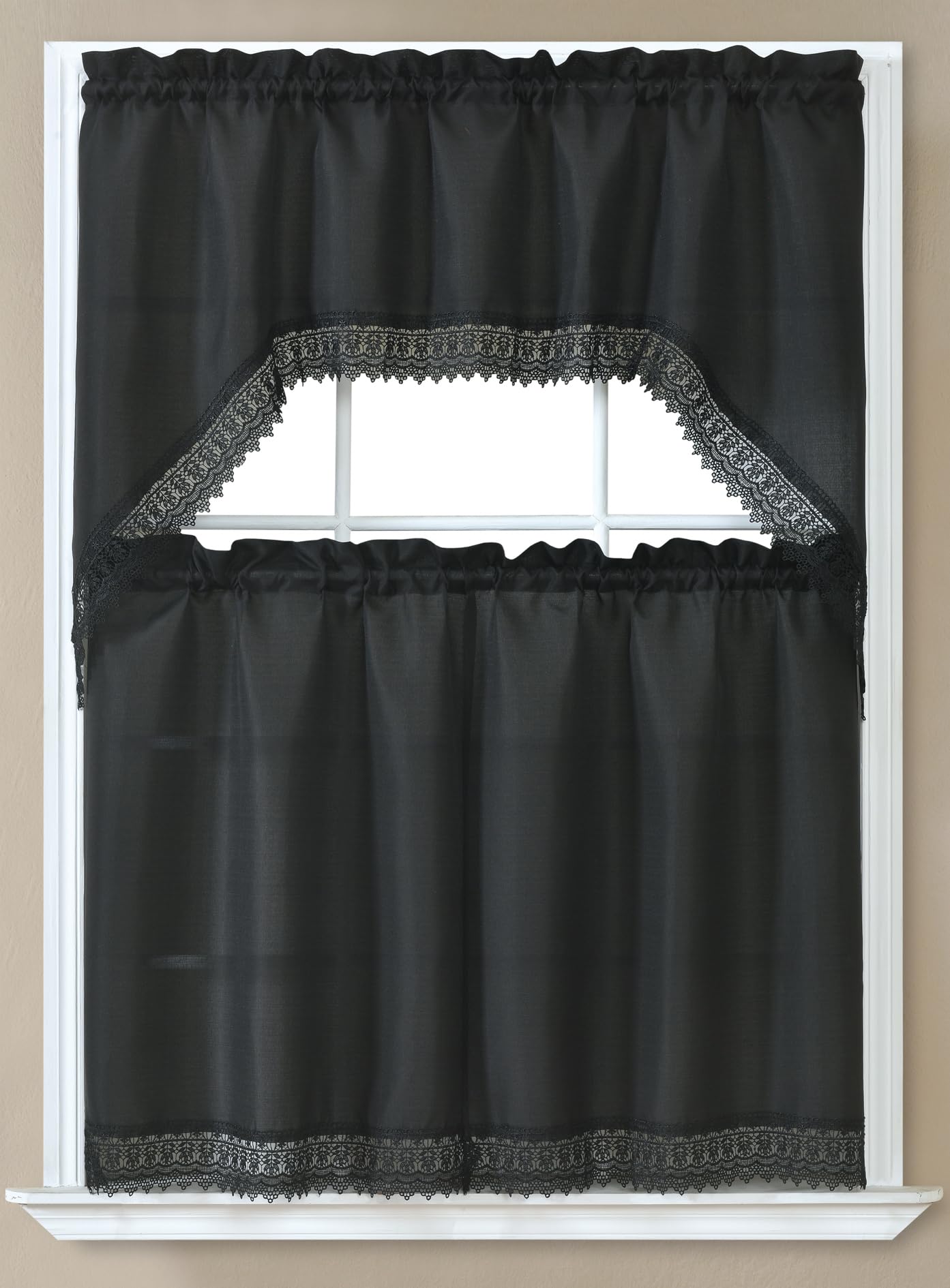 GLORY RUGS 3pc Kitchen Curtain Solid Black Valance Set 1 Swag Valance and 2 Tiers 2 Tiers Width 29"x 34" Each and The Valance Length 58"x34"