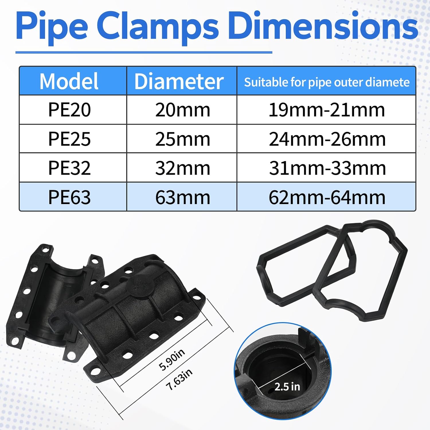 Water Pipe Repair Clamp, Emergency Pipe Repair Clamp Kit fit for OD 63MM Plastic and Metal Pipes, Replace Pipe Patch Kit Fix Leak Pip