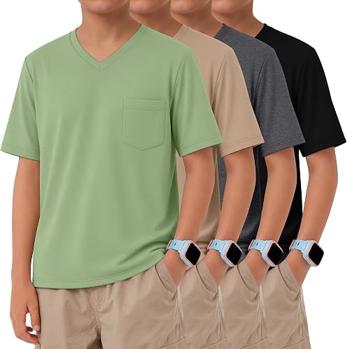 Vinsatin 4 Pack Boys' Short Sleeve T-Shirts V Neck, 4-Color, 9-10 Years
