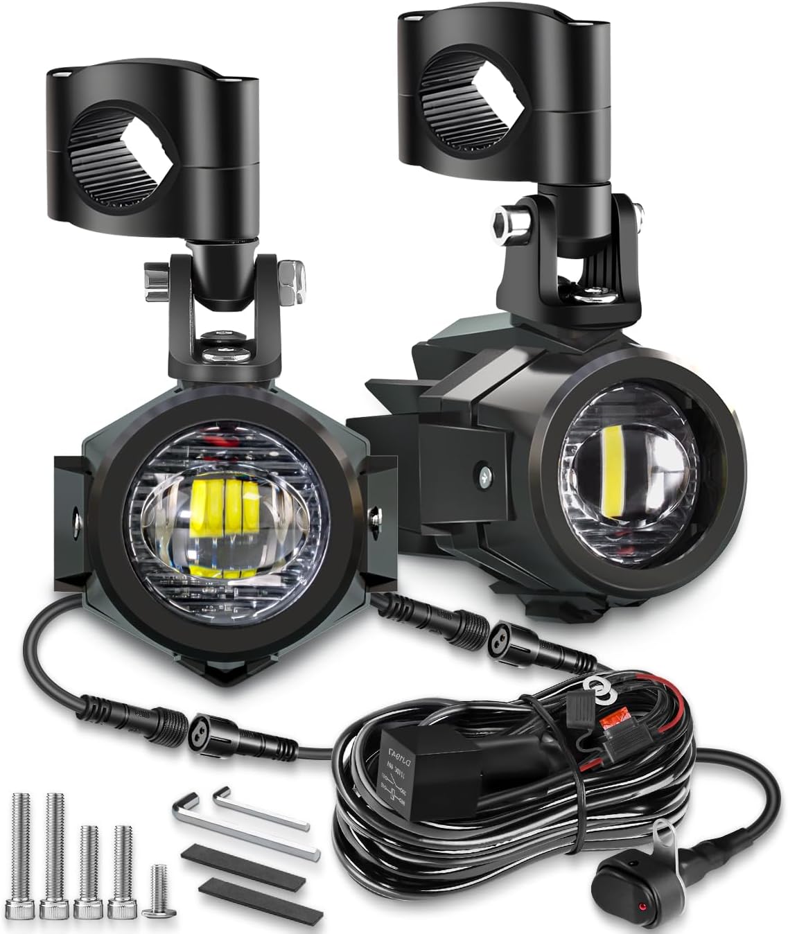 Motorcycle Auxiliary Lights Kit LED Spot Driving Fog Lights White with Switch Wiring Harness Clamp Mount Brackets Kit for R1200GS K1600 ADV Adventure Touring Motorcycle E-Bike