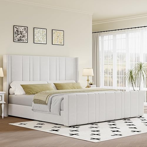 HOMBCK King Size Bed Frame, Soft Velvet Upholstered Bed Frames with Vertical Channel Tufted Wingback Headboard & Footboard, Soft Bed Frame King, Noise Free, Easy Assembly, White