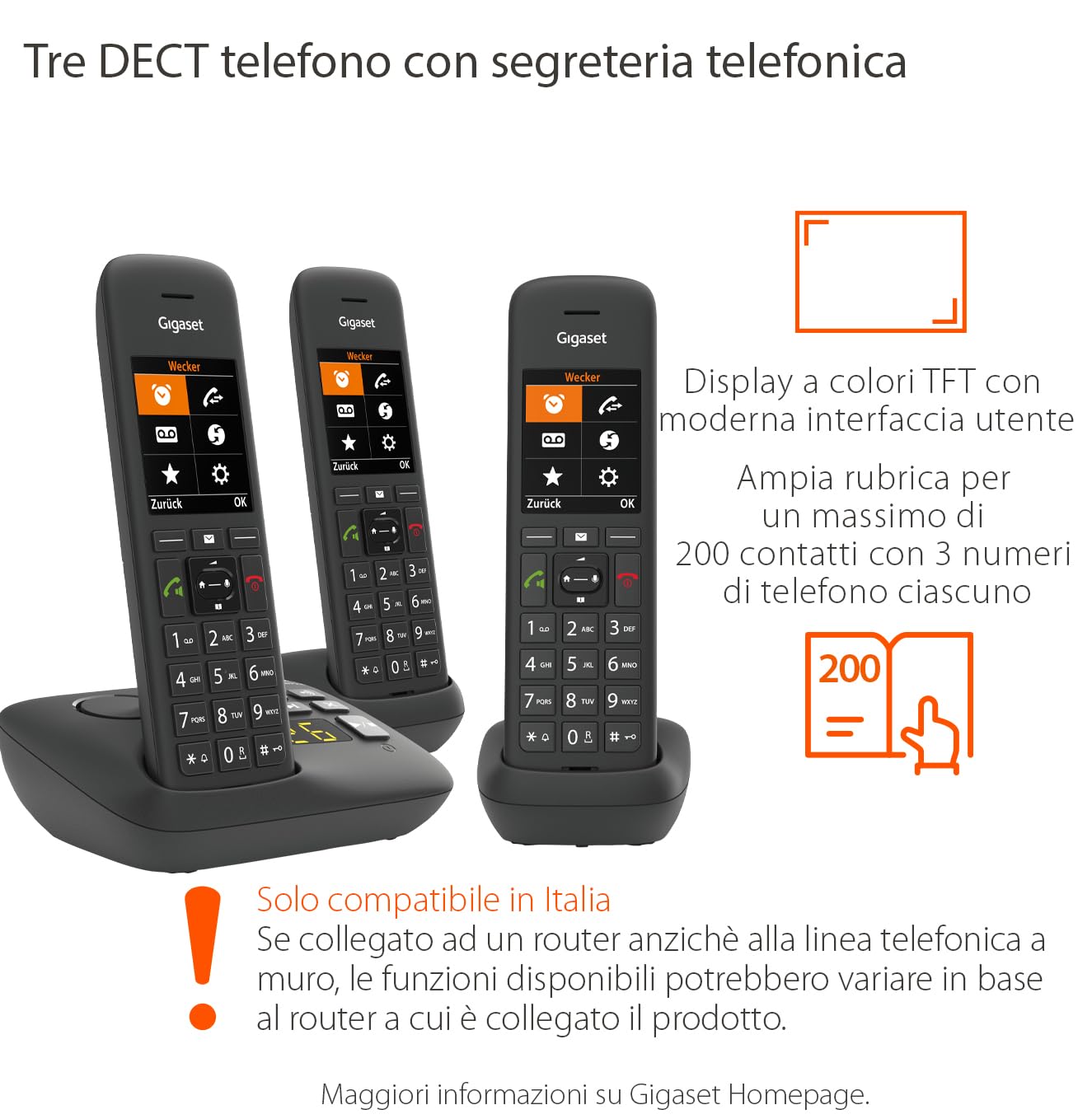 Gigaset C575A Trio - Cordless Trio con segreteria telefonica - possibilità di passare la chiamata da un portatile all'altro, Nero [Versione Italiana]