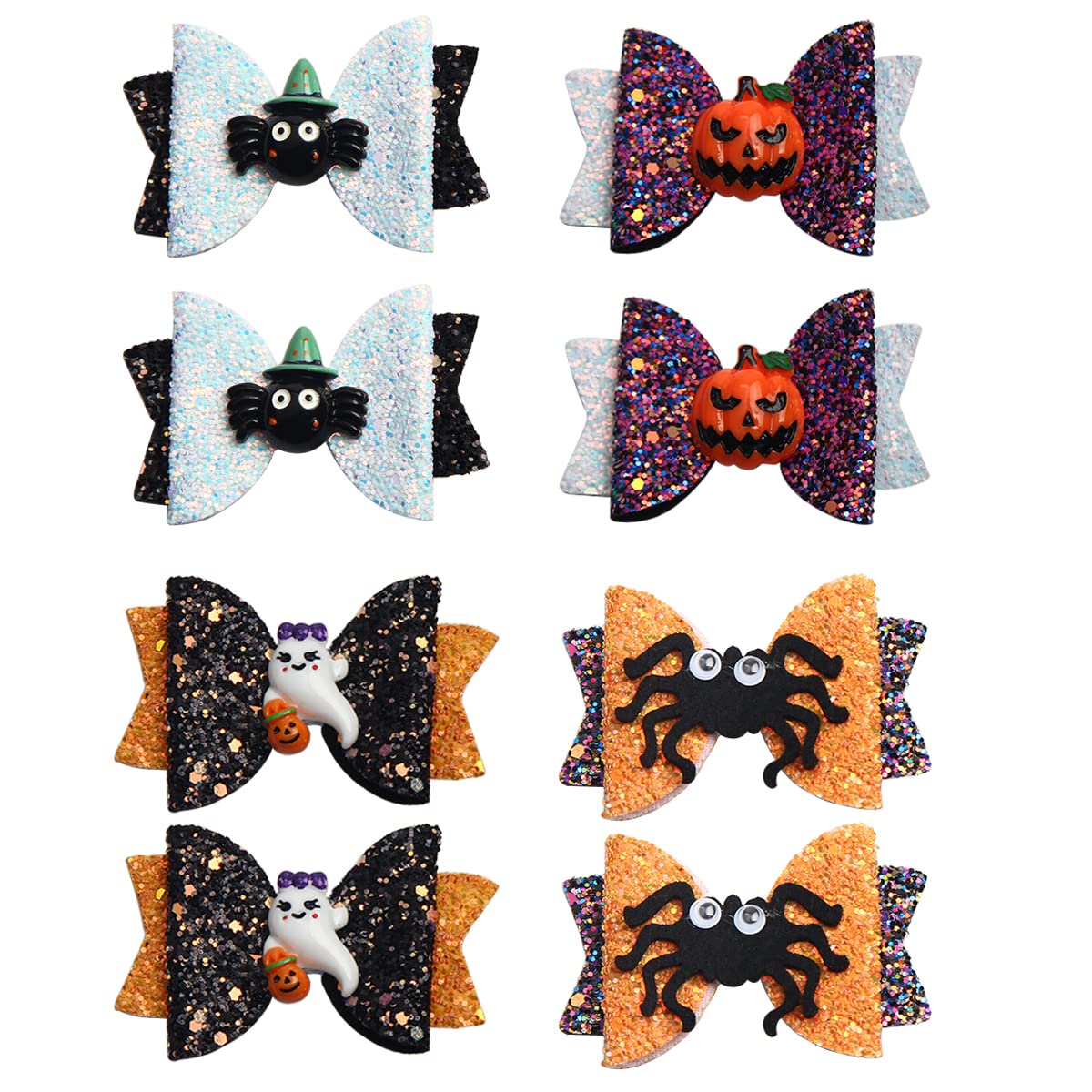 PFativant 8pcs Halloween Hair Bows Clips Bow Hairpins Headwear Barrette Accessories Pumpkin Spider Bat Hairclips Party Shining Glitter Outfits Barrettes Decorative