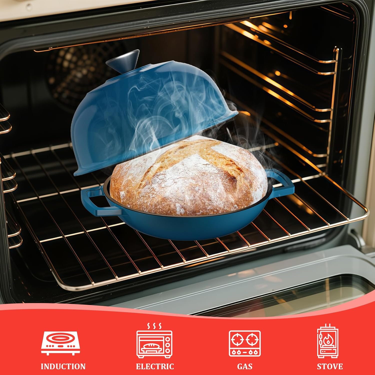 YUTANN Cast Iron Bread Baking Pot - 5QT Enameled Dutch Oven with Cloche Lid,for Sourdough & Artisan Bread,Jewel Blue