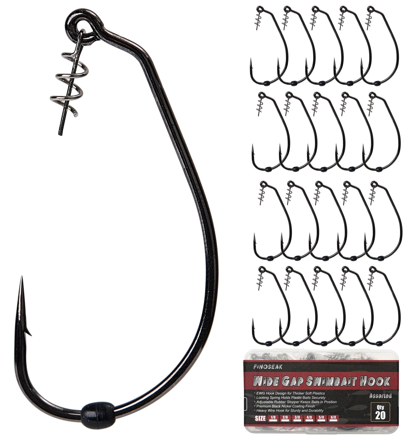 FINOSEAK EWG Swimbait Hooks with Screw Lock, 20Pcs Bass Hooks Size 5/0