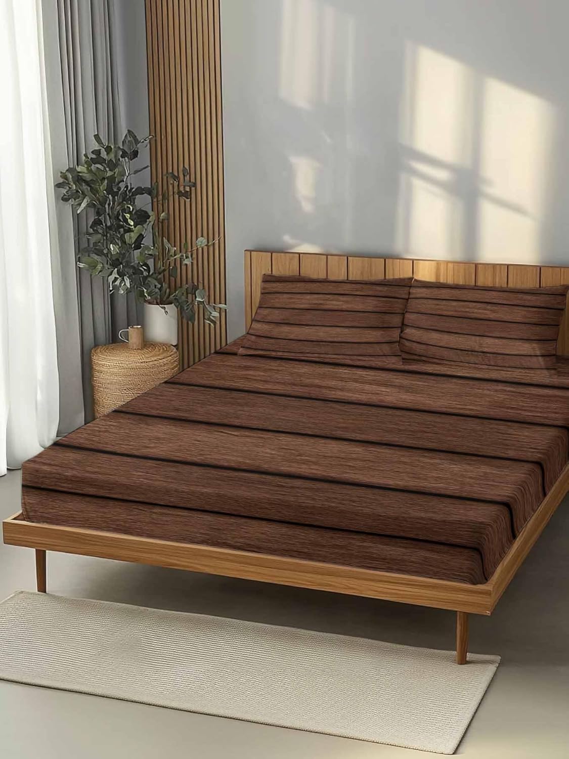 Fitted Sheet and Pillowcases Set Queen Size, Dark Brown Wooden Soft Bed Fitted Sheets - Fits Mattress Up to 16", Vintage Western Country Wooden Board Bedding Set with 2 Pillow Covers