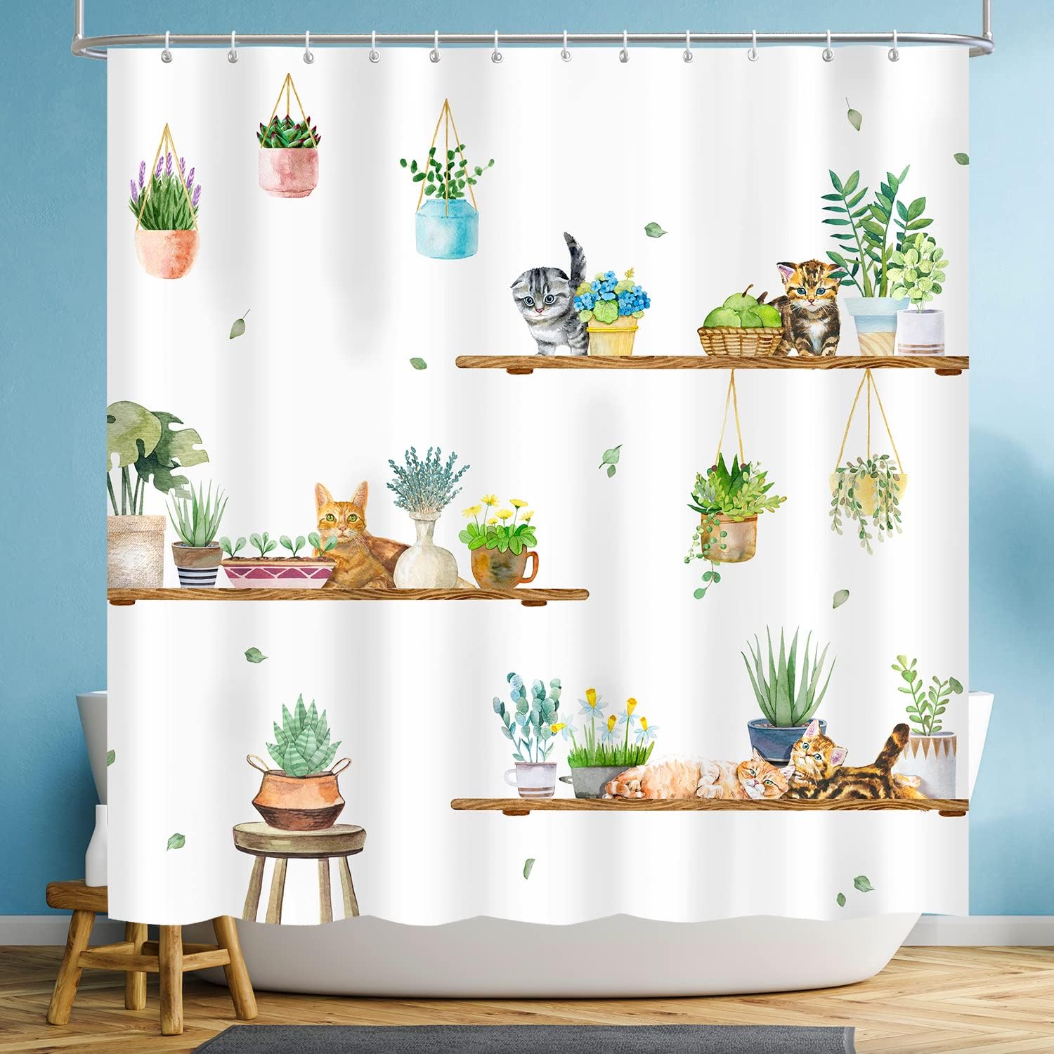 CutebriCase Hanging Potted Plants Cat Shower Curtain, Bracket Plant Kitty Shower Curtain for Bathroom with 12 Hooks, Polyester Fabric Waterproof Shower Curtain Sets Machine Washable Bath Curtain