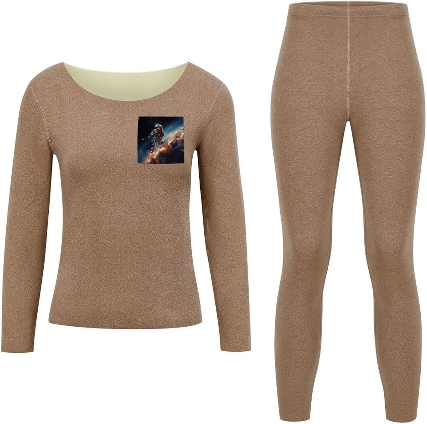Women's Fleece Lined Thermal Set - Cold Weather Long Johns Ultra-Soft Astronaut Flying in Space Printed Base Layer