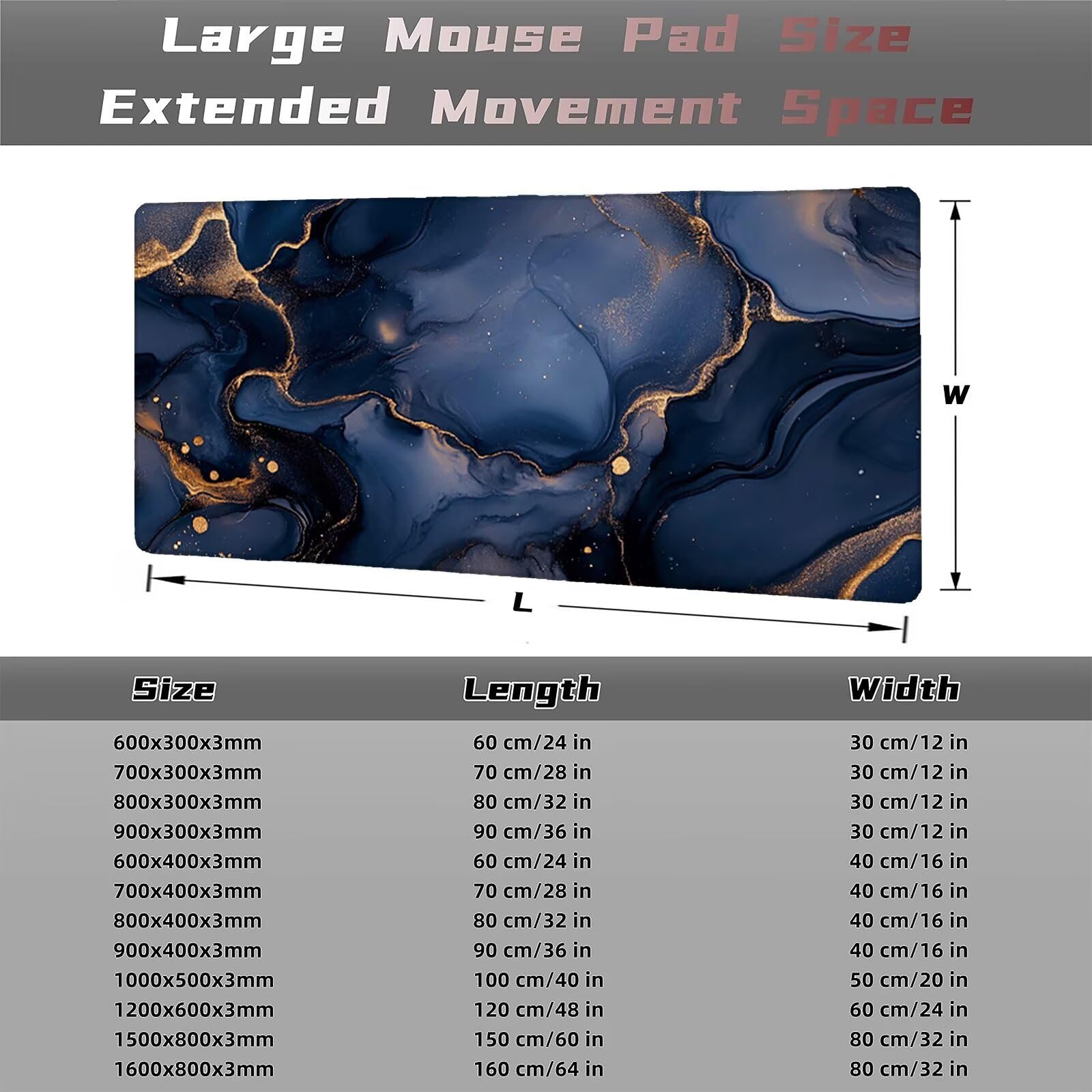 Niebieska podkładka pod mysz 1600 x 800 mm marmurowa podkładka pod mysz duża japońska podkładka pod mysz antypoślizgowa gumowa powierzchnia szwy na krawędziach mata biurkowa do komputera domowego