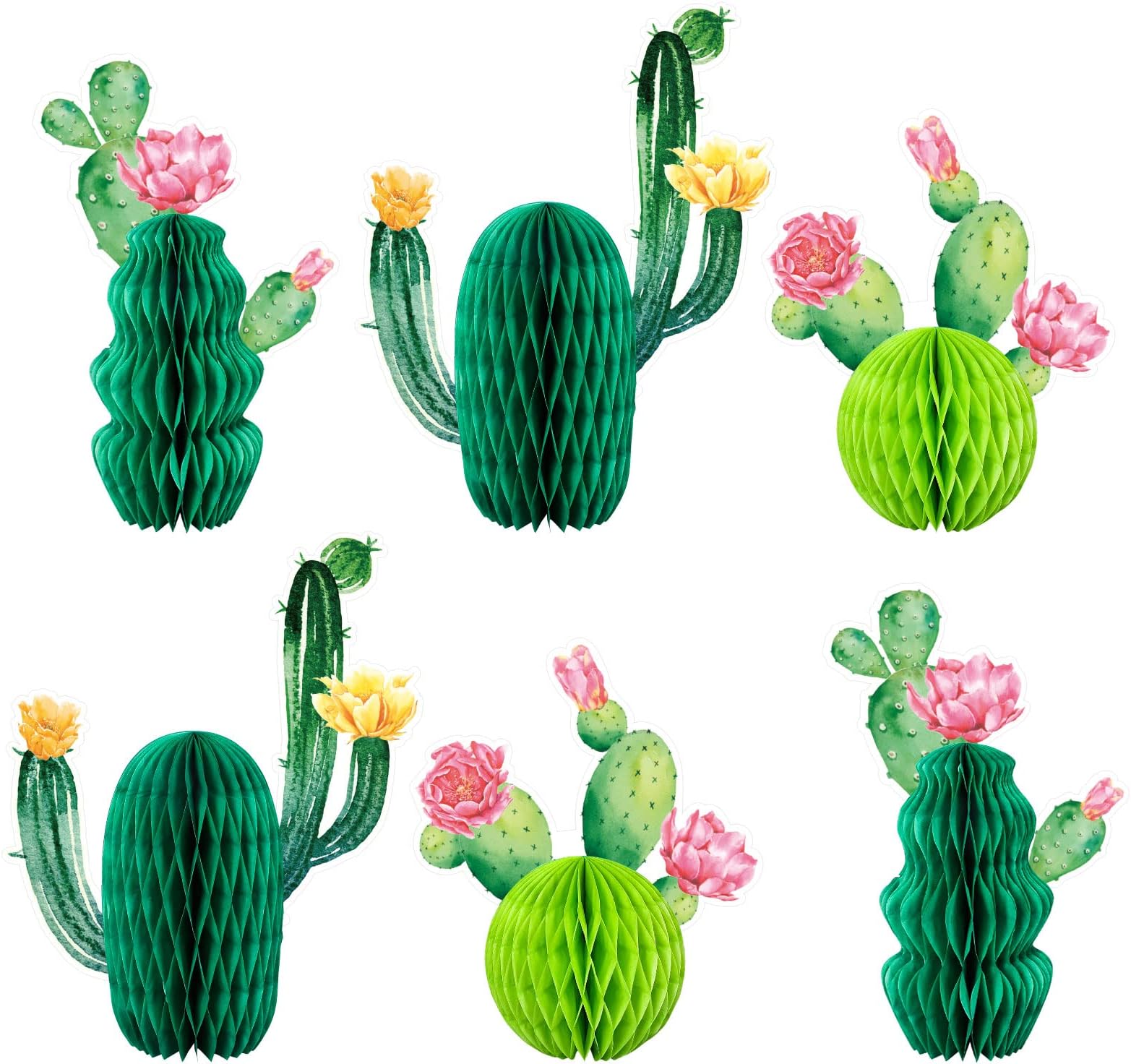 Whaline 6Pcs Cactus Honeycomb Table Centerpieces Pink Yellow Blooming Cactus Decorations for Hawaiian Luau Mexican Fiesta Cinco De Mayo Birthday Baby Shower Party Supplies, 3 Designs