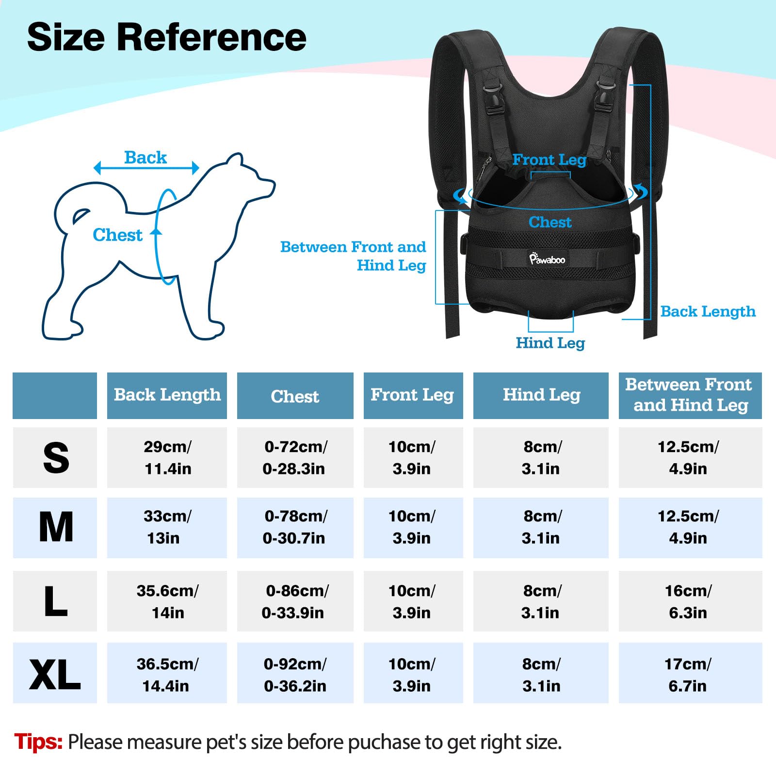 Pawaboo Zaino Frontale per Cani, Trasportino per Cani con Zampe Fuori, Pettorina Regolabile Facile da Indossare per Canis di Taglia Piccola e Media, Mani Libere per Viaggi, Escursioni, XL, Nero