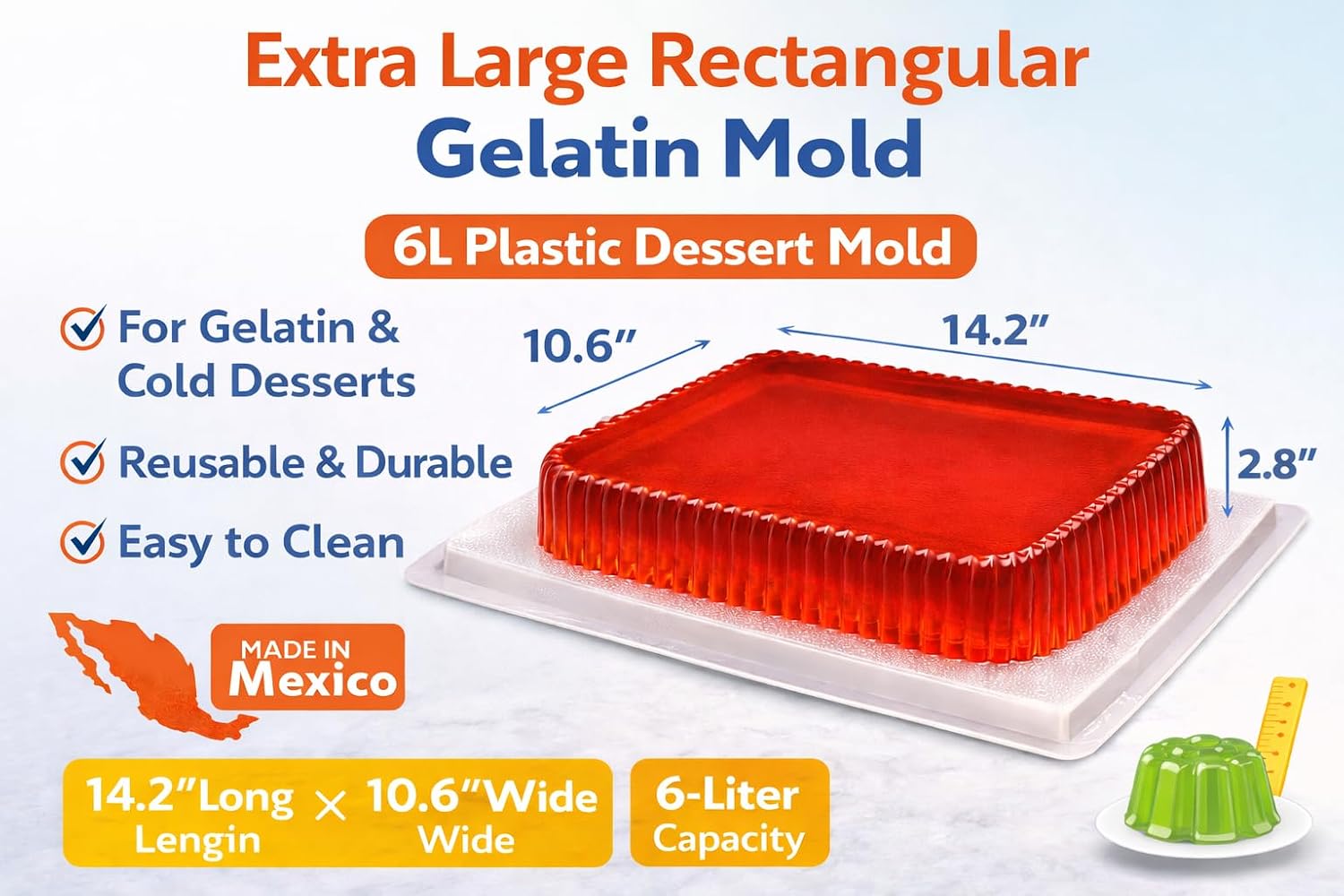 Extra Large Rectangular Gelatin Mold – Molde Rectangular para Gelatina – 6L Plastic Jello Mold for Gelatin & Cold Desserts – Made in Mexico