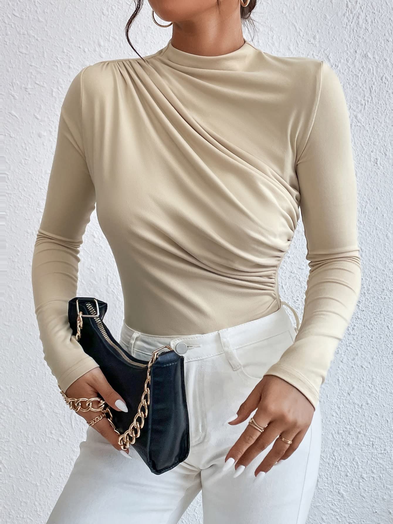 SweatyRocks Women's Bodysuit Mock Neck Casual Ruched Long Sleeve Jumpsuit