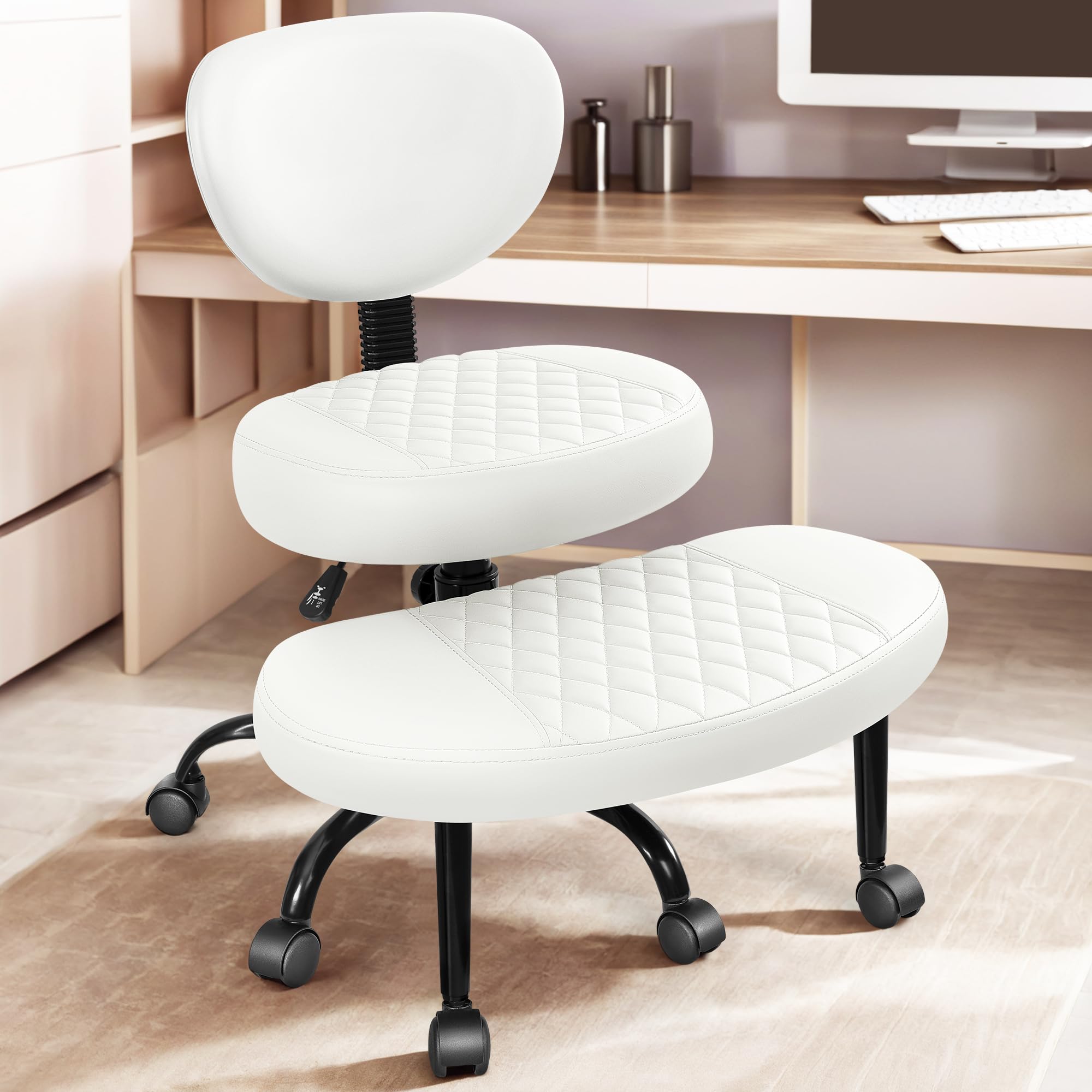 AtHope Ergonomic Cross Legged Office Chair with Wheels - Adjustable Height for Meditation, ADHD Desk & Yoga - Wide Criss Cross Design with Lumbar Support, Kneeling Chair - White