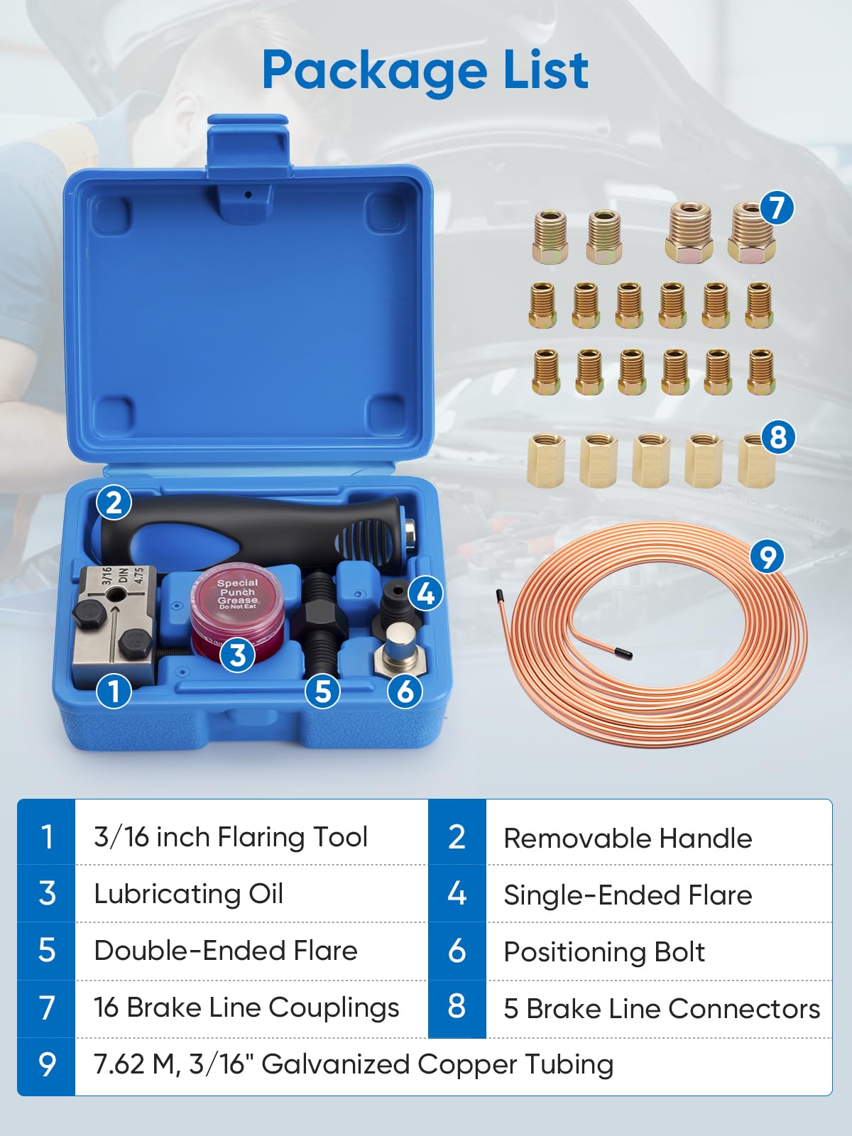 Outil Double Sertissage pour Conduites de Frein DIN, 4,75 mm (3/16"), Kit D'outils Sertir pour Conduites de Frein, 7,62m de Conduite Frein Ø 4,75 mm avec 16 Raccords + 5 Connecteurs