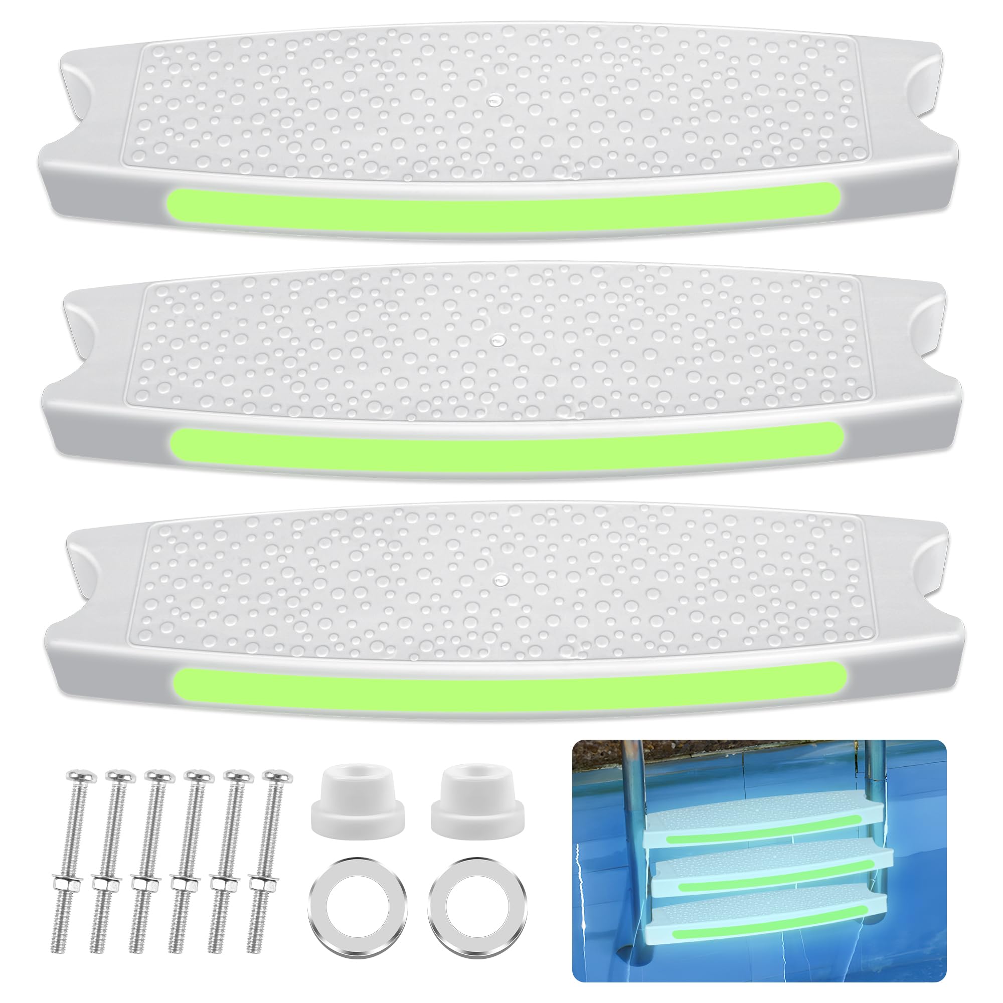 3 Pack Replacement Swimming Pool Ladder Steps for Inground Pools,18'' Heavy-Duty Plastic Molded White Ladder Rung with 1.9'' Rubber Bumper Cap and Stainless Steel Escutcheon Plates