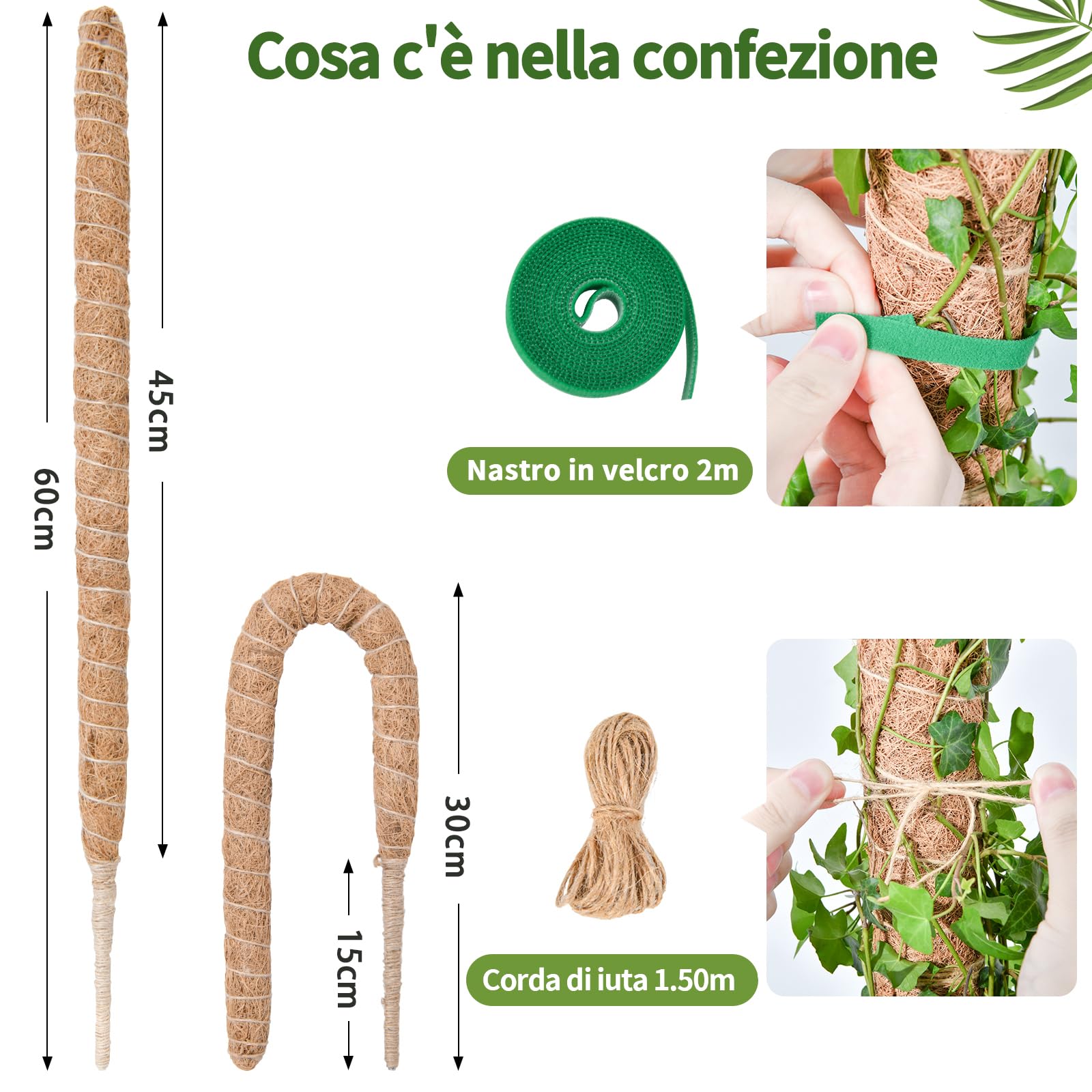 Bastone In Cocco Per Piante Rampicanti 30 Cm | Palo Totem In Fibra Di Muschio | Supporto Per Monstera 2 Pezzi