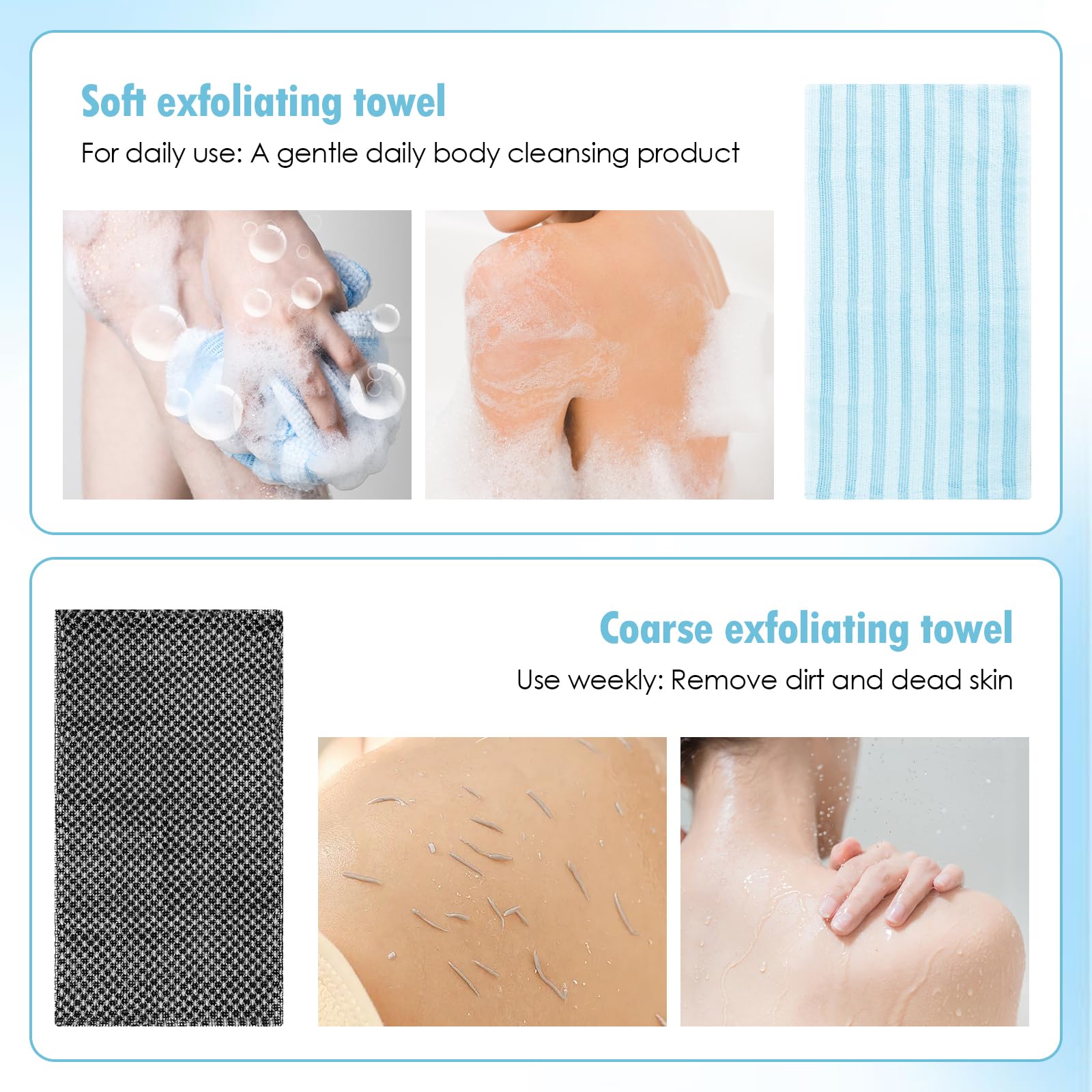 Exfoliating Shower Towel, 4 unidades de toallas exfoliantes japonesas, toallas de ducha exfoliantes extralargas, toalla exfoliante de dos caras para limpieza, spa, baño y ducha, hombres y mujeres