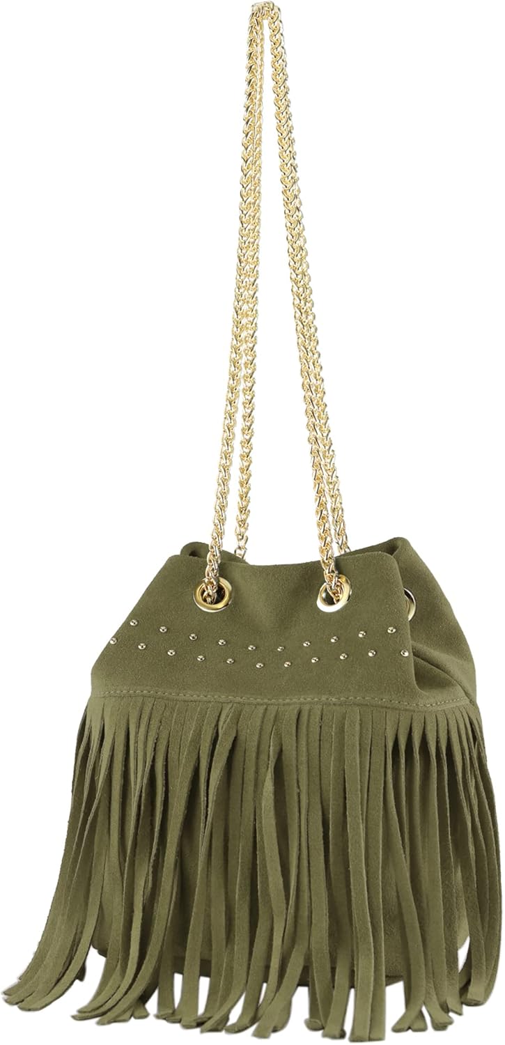 T244 ladies shoulder bag suede with fringes and gold chain handmade in Italy