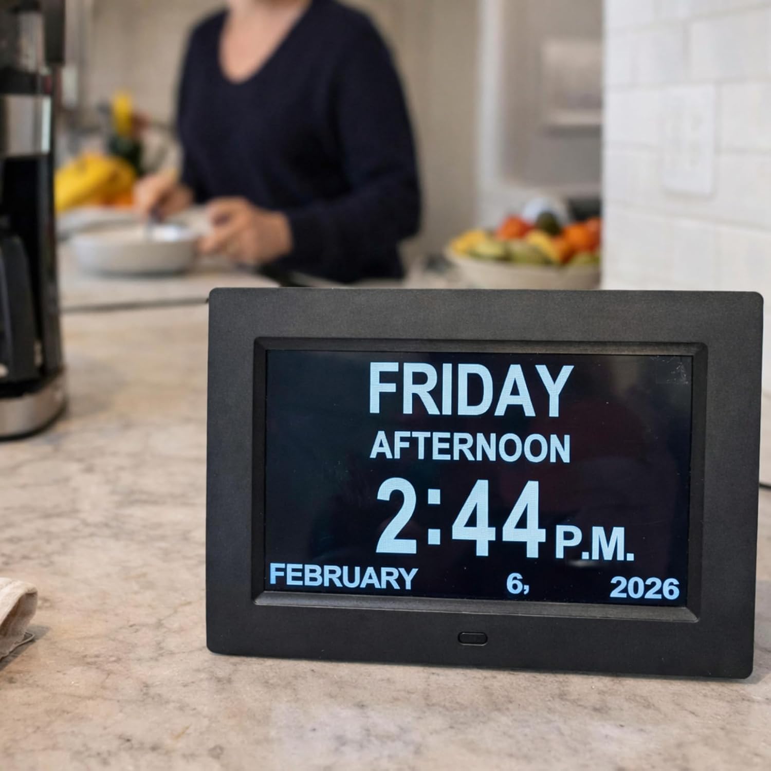 Azpen 7 Inch Digital Calendar Alarm Clock for Seniors - Large Display, Auto Dimming, Multiple Alarms, Easy-to-Read Day Date Clock, Black
