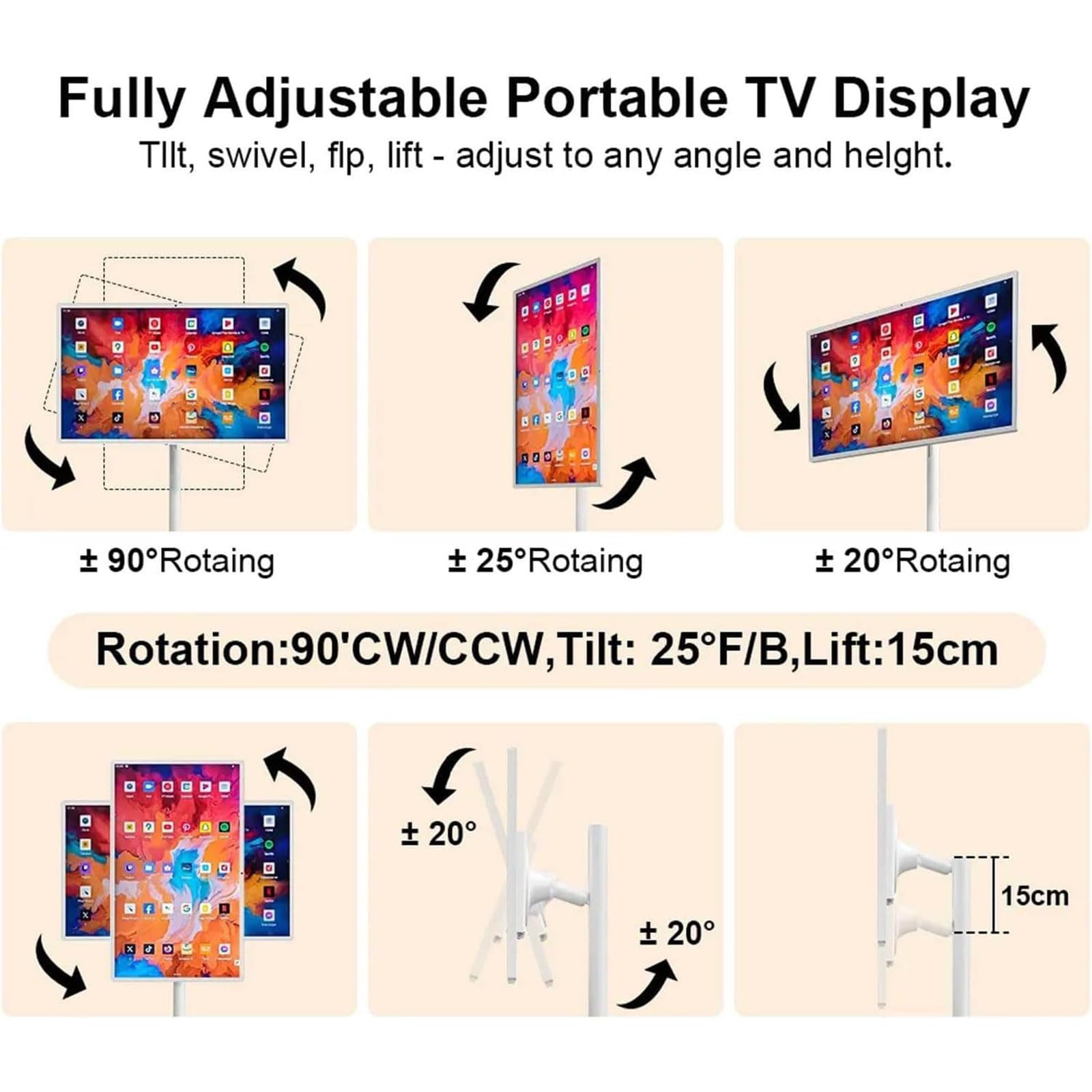 TV Portable à écran Tactile 21,5/24/27/32 inch 1080p Portable Smart Monitor, Smart TV Mobile à écran Tactile Rotatif TV Portable sur Pied Moniteur D'extérieur Alimenté par Batterie 32in