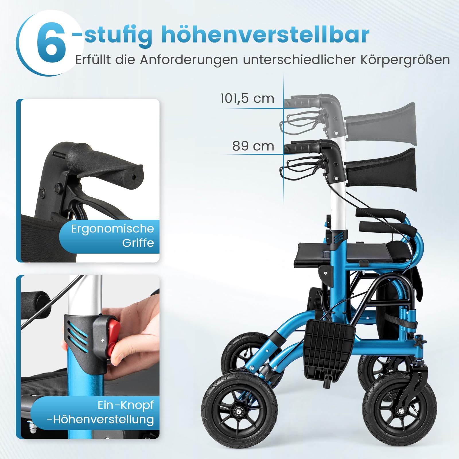 COSTWAY Rollator z oponami pneumatycznymi, składany i lekki z siedziskiem, wózek inwalidzki i solator podróżny 2 w 1, aluminium, do 140 kg, pomoc w chodzeniu z 6-stopniową regulacją wysokości, wózek z
