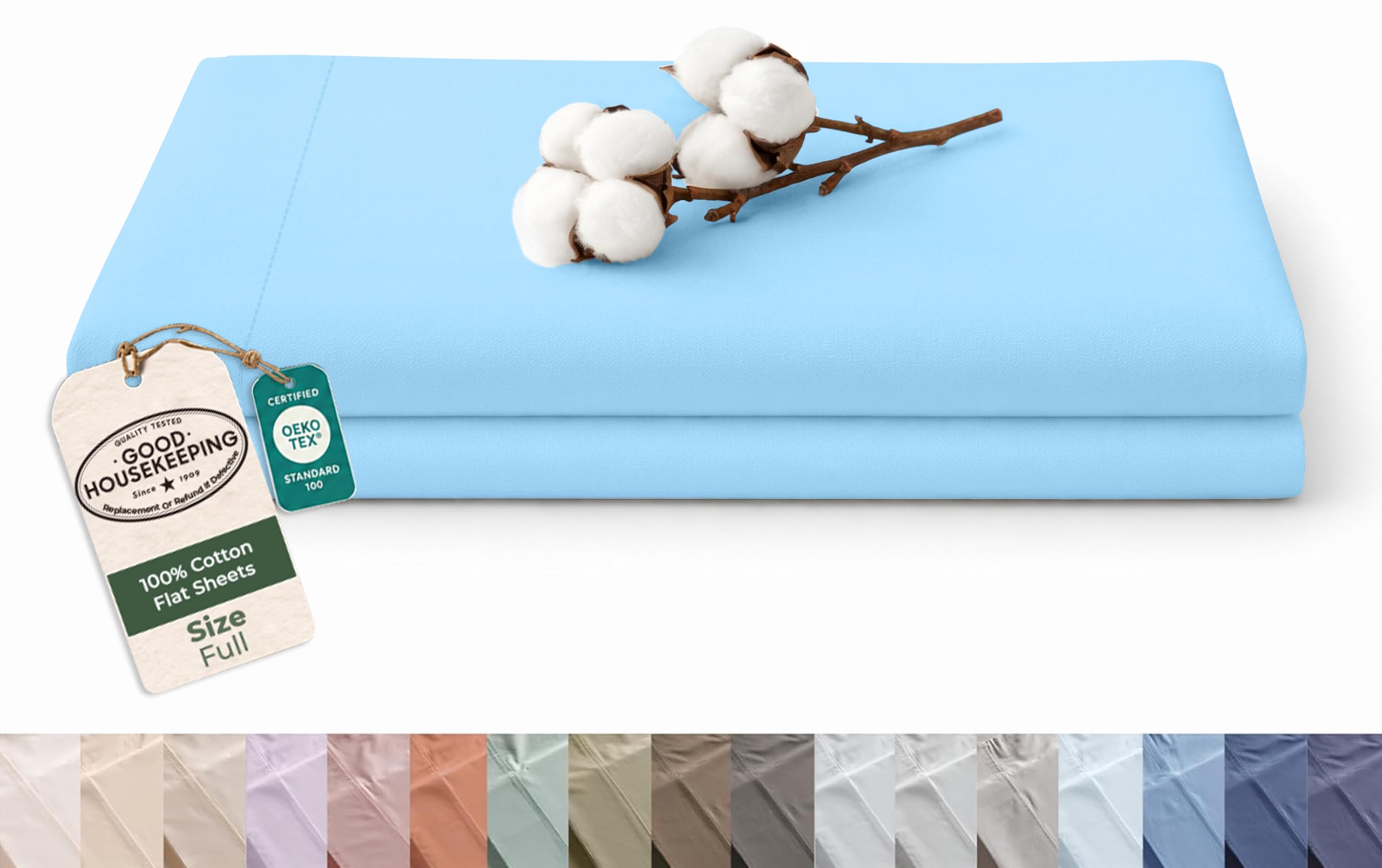 Royale Linens 100% Organic Cotton Full Size Flat Sheet Only - Percale Top Sheets - Full Flat Sheet Sold Separately - Lightweight &amp; Soft 100% Cotton Lake Blue Bed Sheets Only (81" x 96", Lake Blue)
