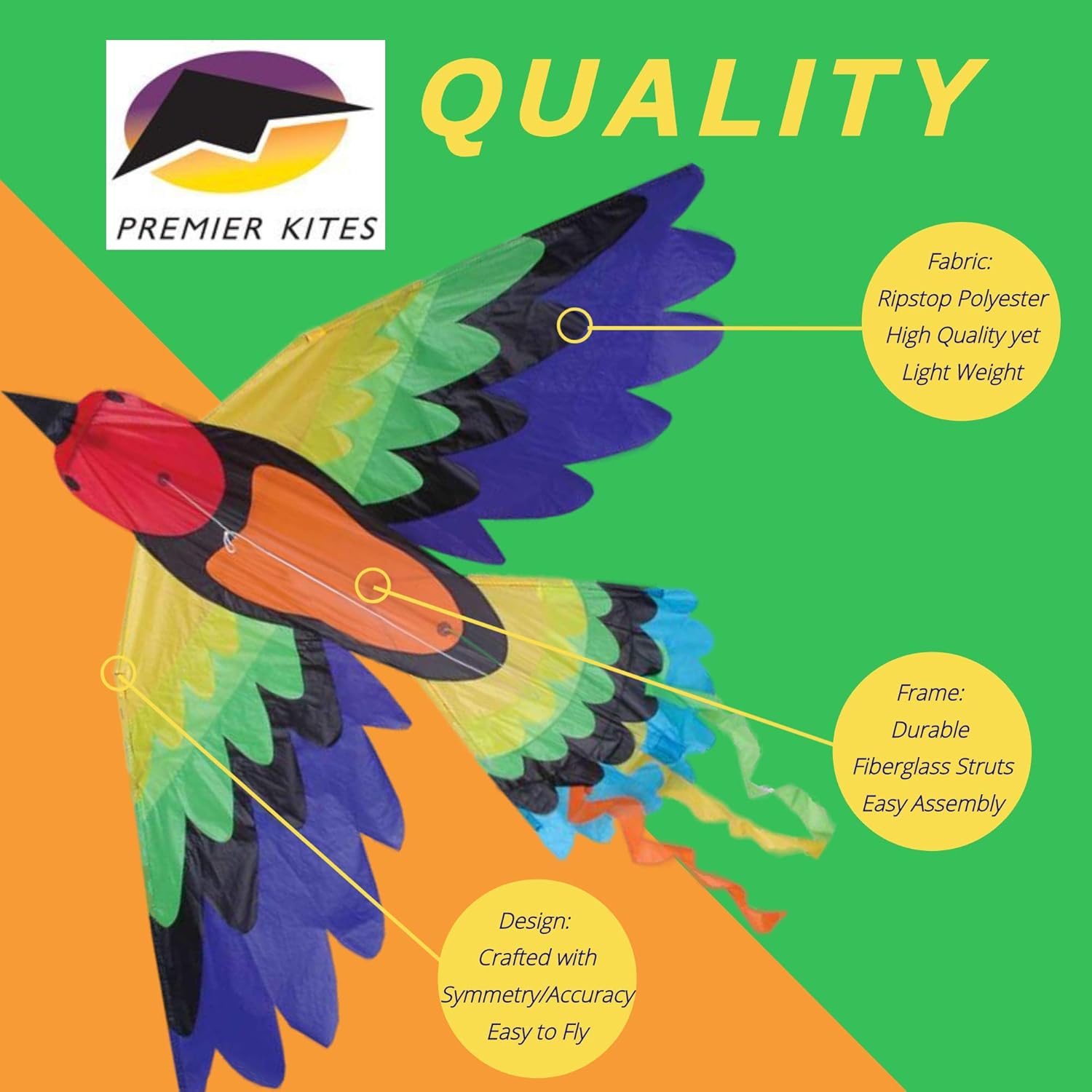 Premier Kites Rainbow Bird Kite are Great Kites for Adults and Easy to Fly Kites for Kids | A Large Kite with a 70 Inch Wingspan and a 36 Inch Body with Bold Colors and Detailed Applique Work