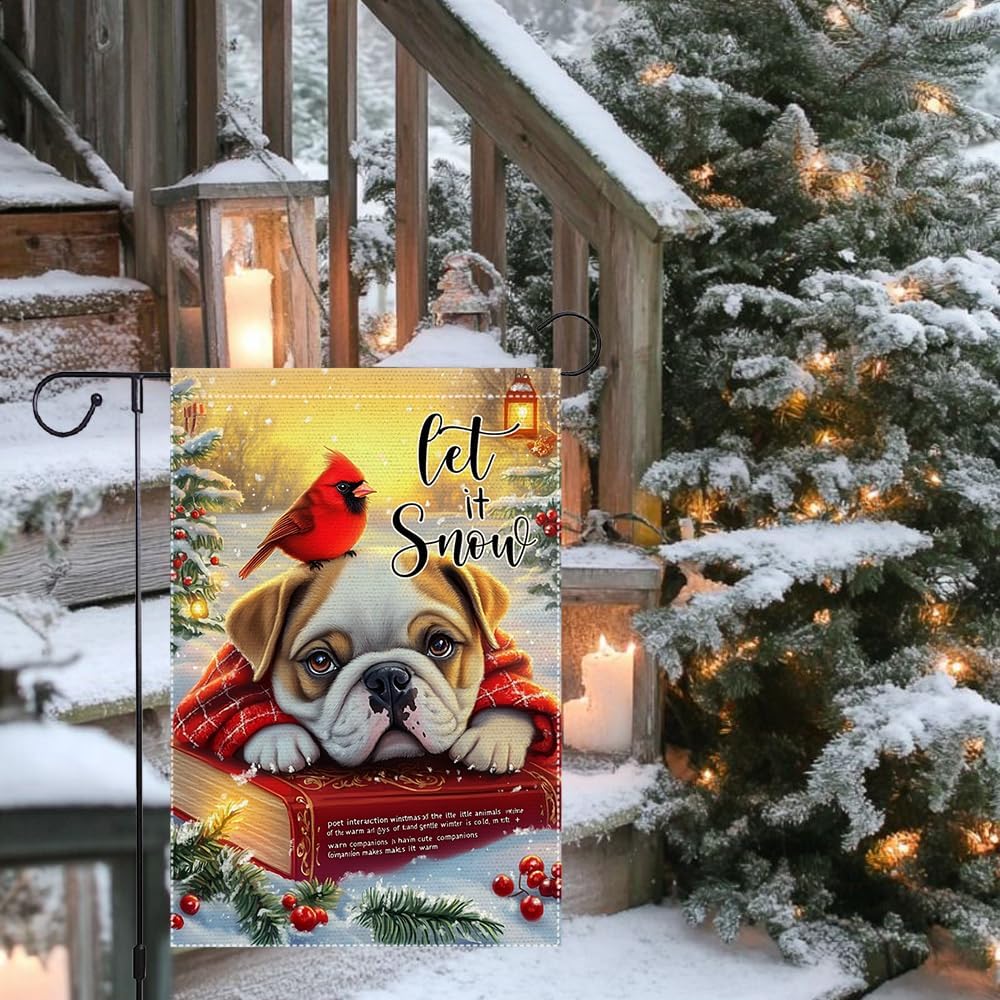 Winter Garden Flag 12x18 Inch Double Sided Burlap Small Outdoor Yard Decoration with Cute Bulldog and Cardinal Bird Let It Snow Design Christmas Holiday Welcome Sign - Image 9