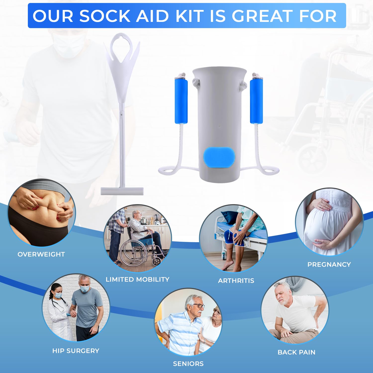 Kit de ayuda para calcetines de alta calidad, ayuda para quitar calcetines o medias, con un dispositivo de ayuda para calcetines súper flexible con cuerda larga. El juego perfecto para poner y quitar