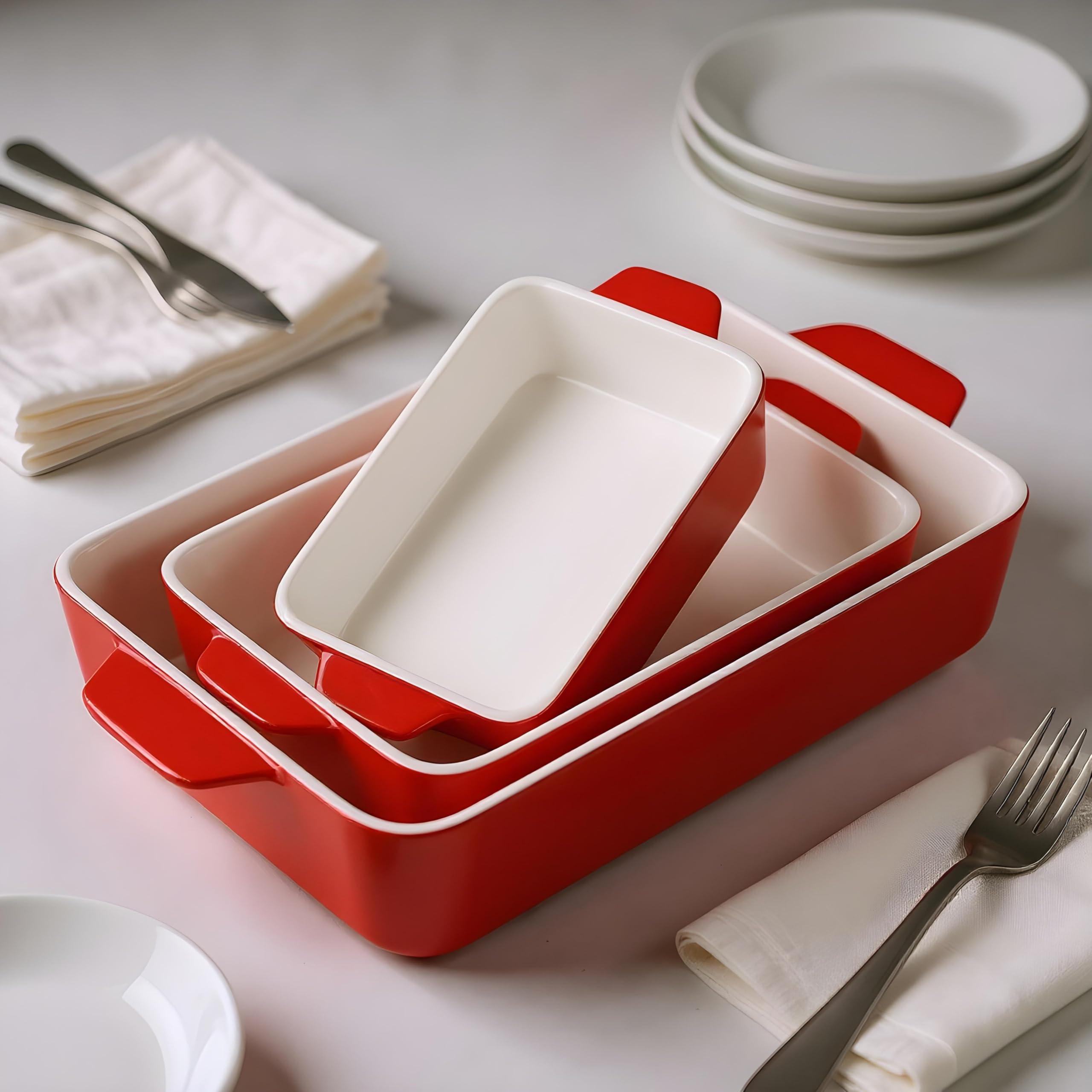 Kook Keramik-Backformen-Set, rechteckig, für Aufläufe, Lasagne, Kuchen, kleine, mittelgroße und große Pfannen, mikrowellen- und spülmaschinenfest, 3-teilig, Kirschrot