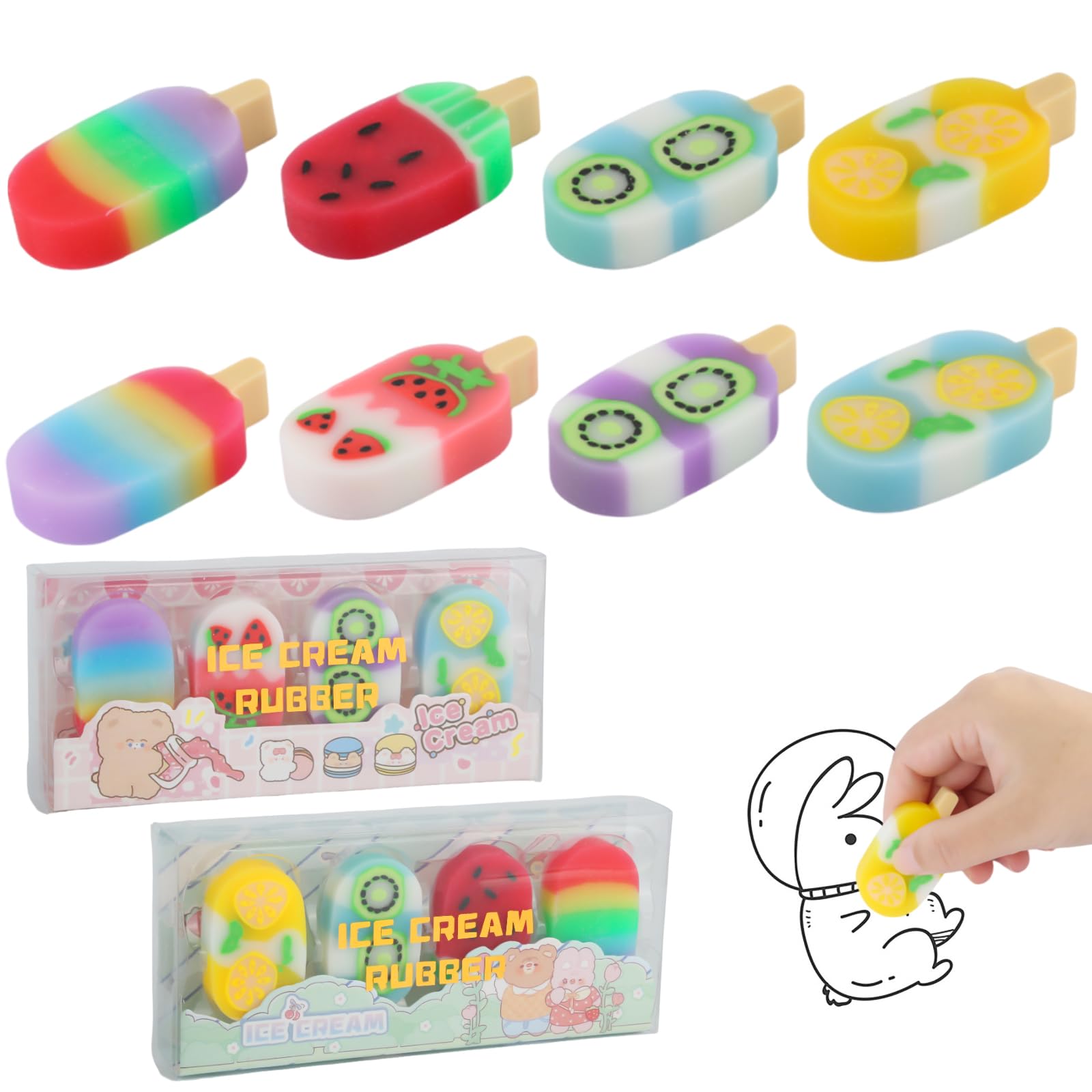 8 Pieces Rubbers Erasers for Kids, Fruit Flavoured Cute Erasers with Fruit Motif, Kids Rubbers with Ice Cream Shapes, Novelty Eraser for Children Writing, Drawing