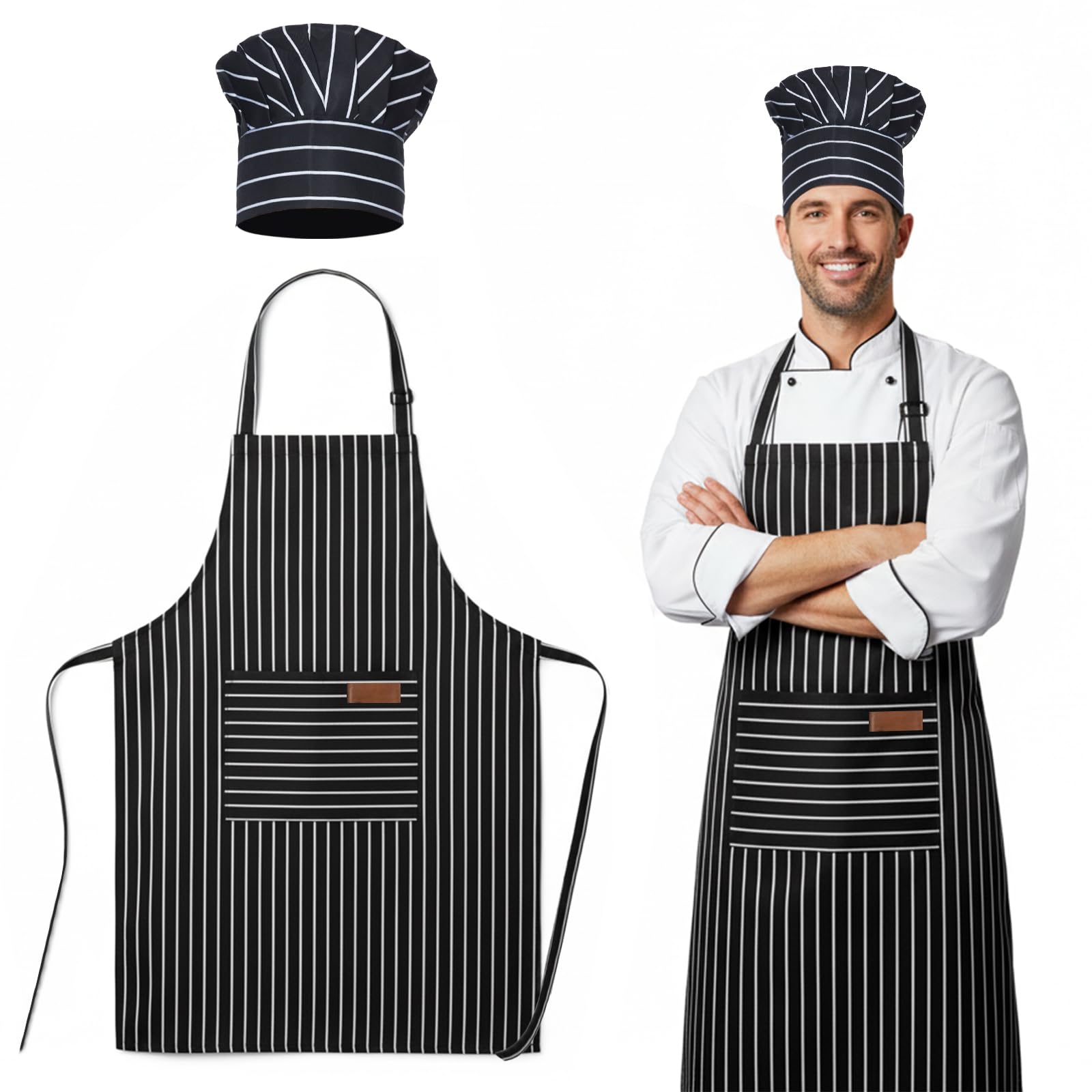 MKEOIEAU Kitchen Aprons Chef Hat Set for Men Women, Adjustable Bib Apron with Pockets for Cooking Baking, Black and White Stripped Chef Costume for Home Kitchen Restaurant Coffee