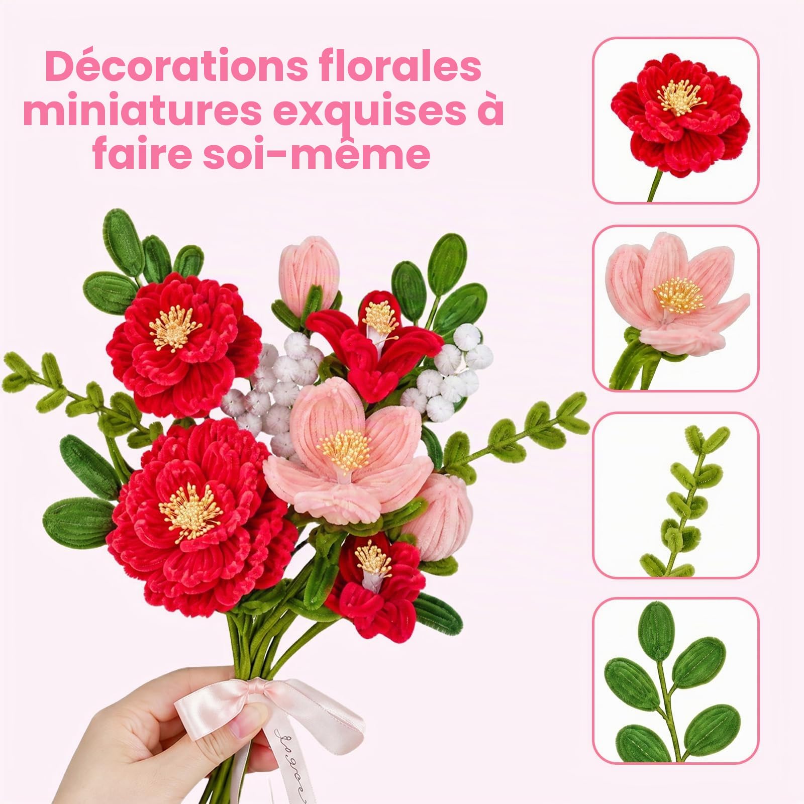 500 Pcs Fil Chenille, Fil Chenille Fleur Kit Complet Fleurs 8 Couleurs, Cure Pipe en Coffret avec Accessoires, Pipe Cleaners Flower kit pour Loisirs Creatifs 30cm Long