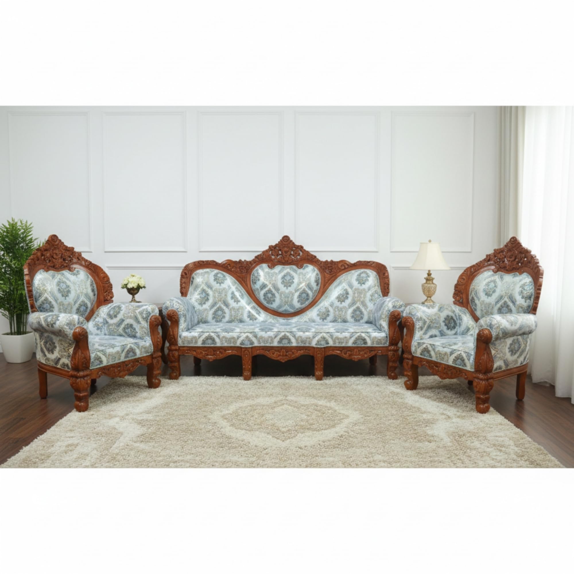 Wooden Luxury Victorian Style Tufted Sofa, FloralUpholstery with Carved Frame, Cushions Luxury Sofa Set Royal for Living Room Antique Style Wooden Carved Lounger (White with printed some colours)