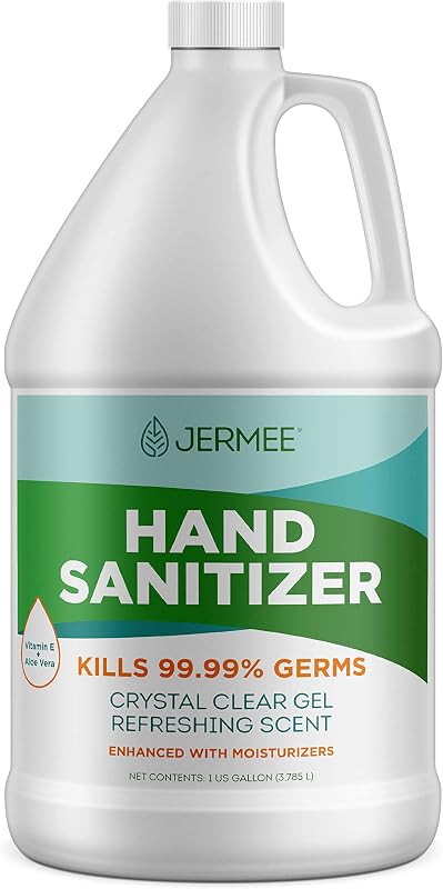 JERMEE Moisturizing Hand Sanitizer Gel, 70% Alcohol - Kills 99.99% Germs, Enhanced with Vitamin E and Aloe Vera - Crystal Clear Gel, Refreshing Scent, Made in USA - 1 Gallon