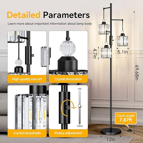 Miniatura 3 de Lámpara de pie de árbol negro con 3 pantallas de jaula de cristal y bombillas regulables, lámpara de pie vintage de 70 pulgadas para sala de estar,