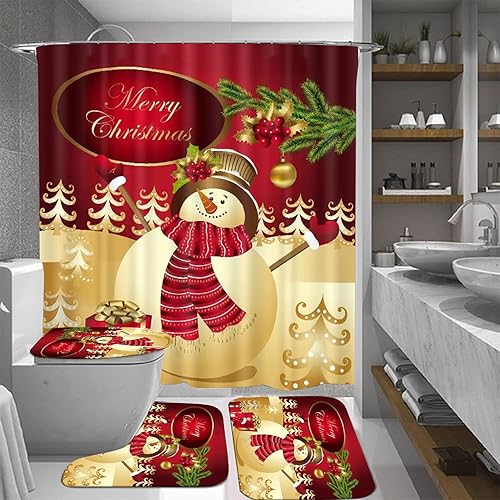 Miniatura 5 de XVWJ Juego de 4 cortinas de ducha navideñas con alfombras, cubierta de tapa de inodoro y tapete de baño, decoración de baño de Navidad con ganchos,