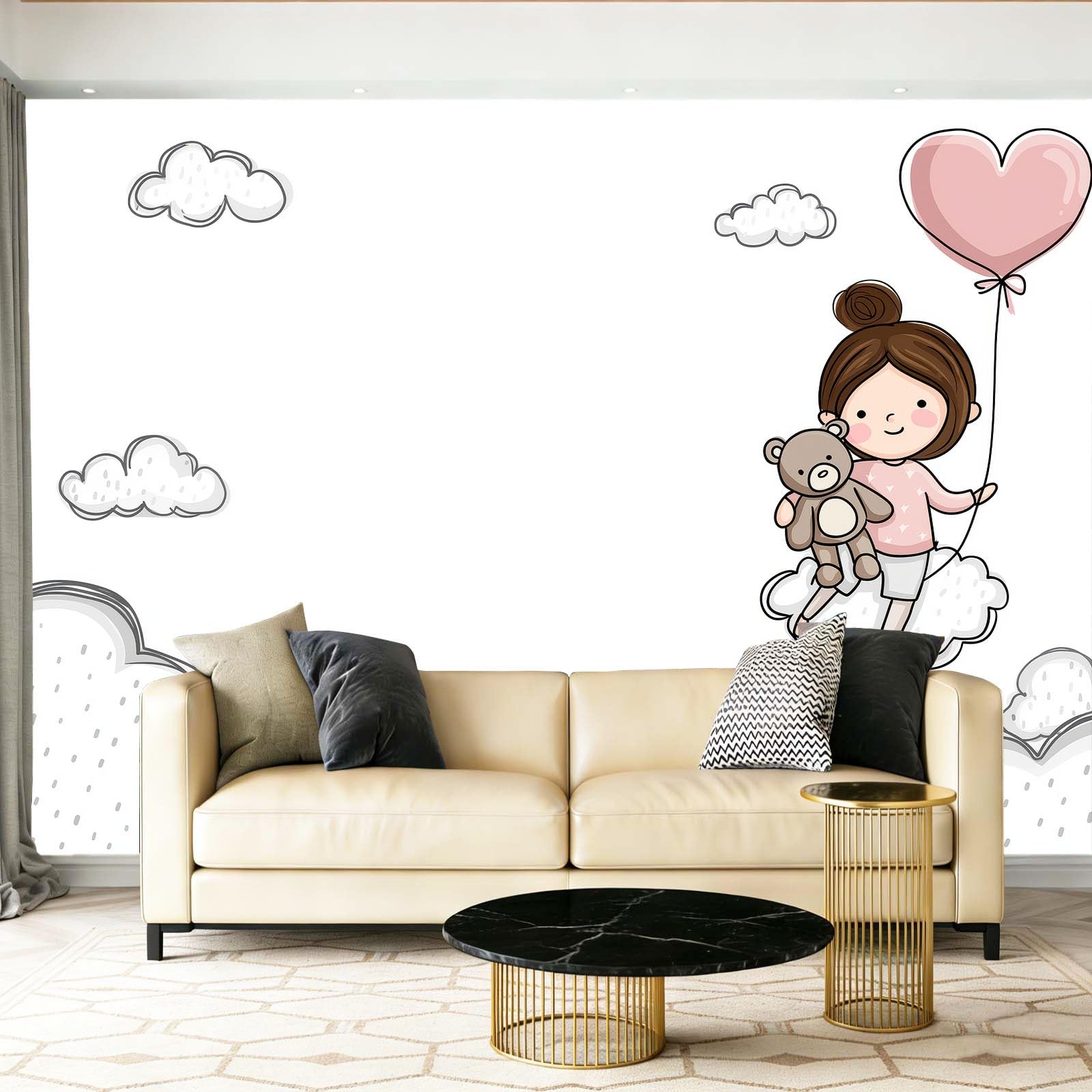 Duży mural ścienny 350 x 256 cm (szer. x wys.), różowy wzór chmurki z kreskówki, naklejana tapeta montażowa do głównej sypialni i salonu