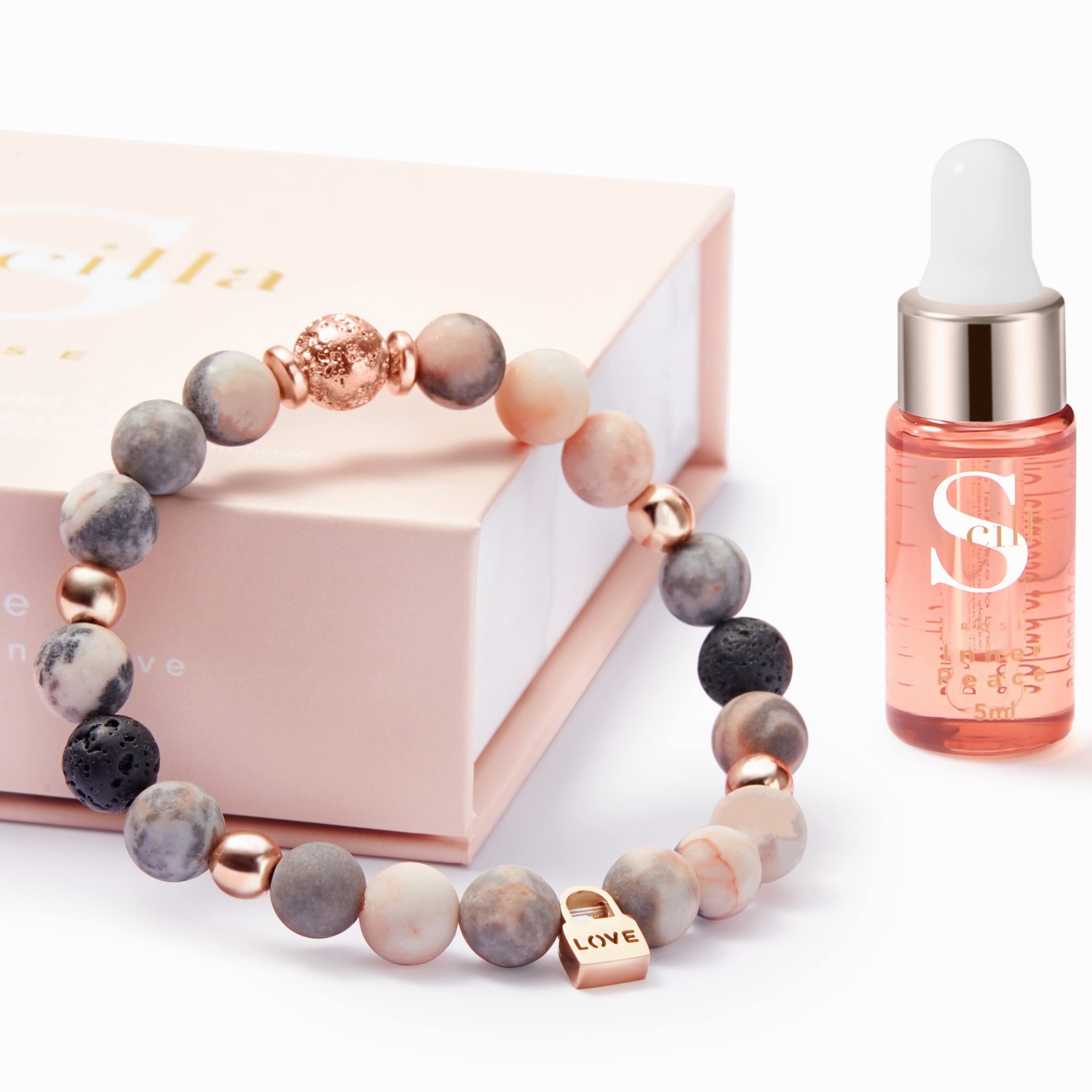 Scilla ROSEAnxiety Relief Bracelet for Women - Aromatherapy Essential Oil Lava Diffuser, Zebra Jasper Beaded with Love Lock Charm, Mindfulness Self-Care, Birthday and Friendship Crystal Gift Set (Size M)