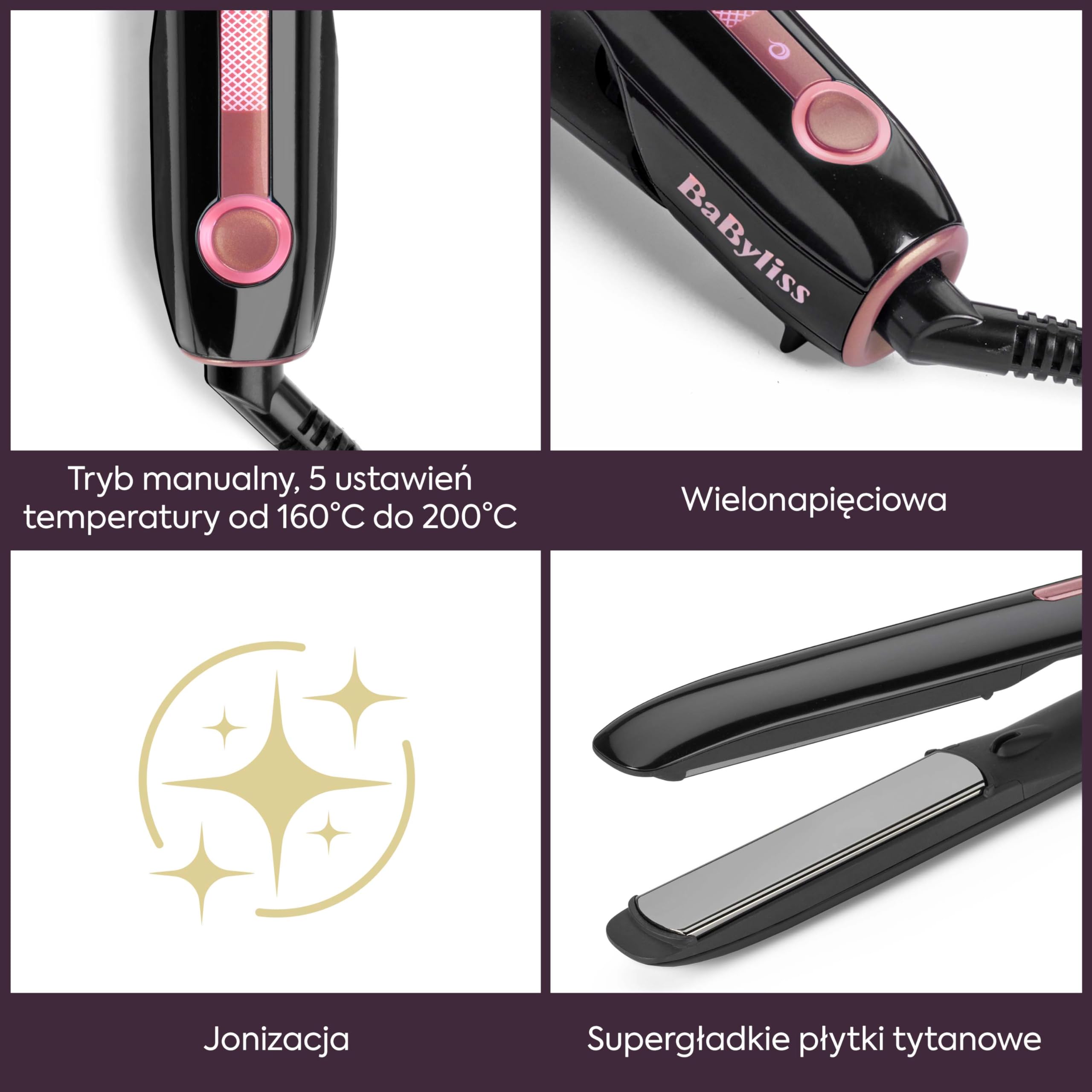 BaByliss Sensor Protect Inteligentna Prostownica do Włosów, Adaptacyjna Kontrola Temperatury, Płytki Tytanowe, Jonizacja Anti‑Frizz, 5 Ustawień (160–200°C), Szybkie Nagrzewanie, ST491E