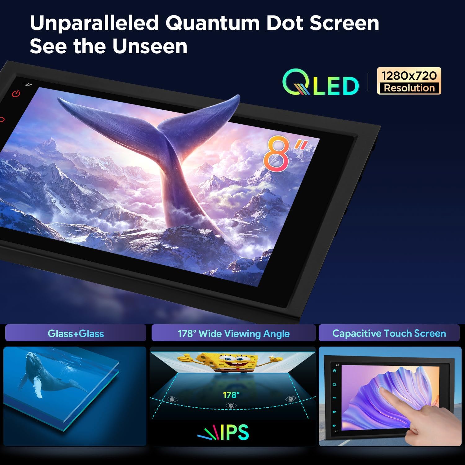 Image highlighting the Unparalleled Quantum Dot Screen (QLED) with 1280x720 resolution, IPS panel, 178 degree viewing angle, and capacitive touch screen.