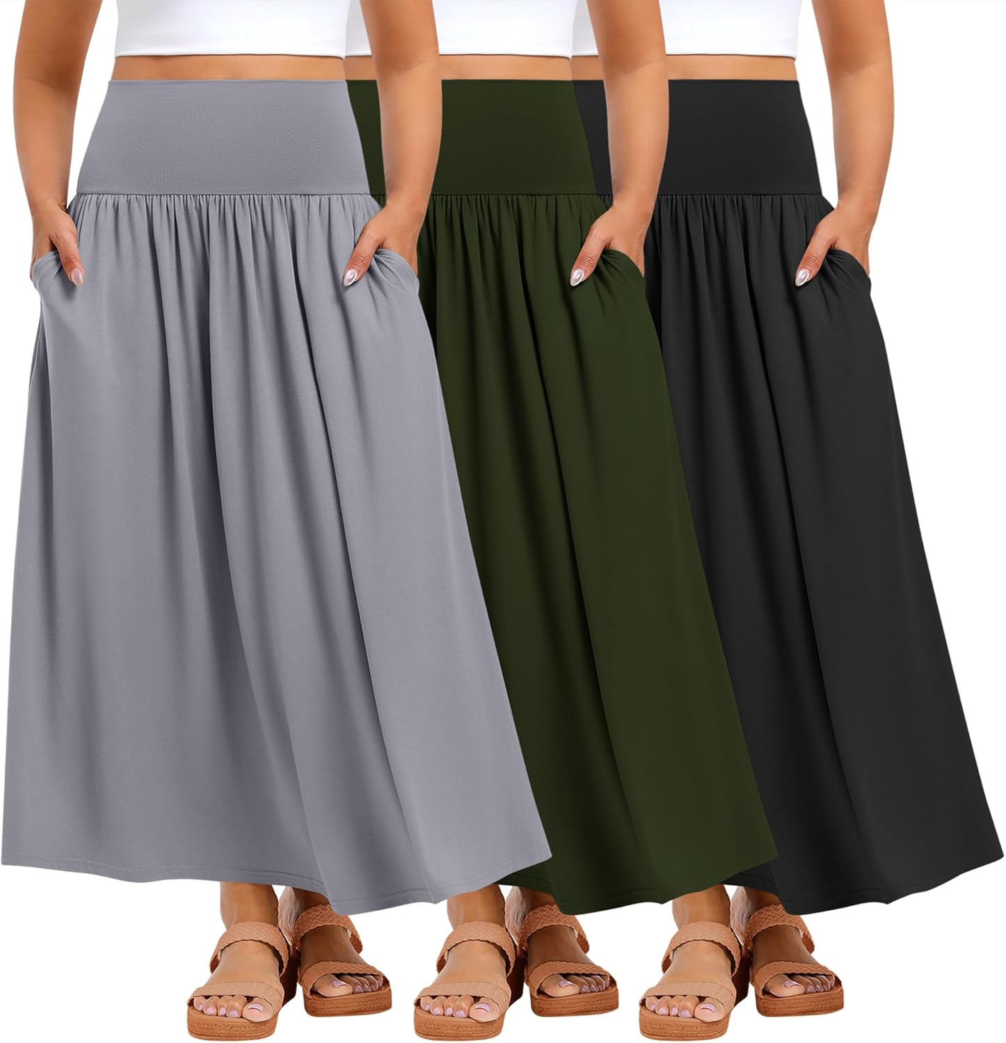Ficerd 3 Pack Plus Size Maxi Long Skirts for Curvy Women, Ankle Length a Line Pleated High Waisted Summer Skirts with Pocket
