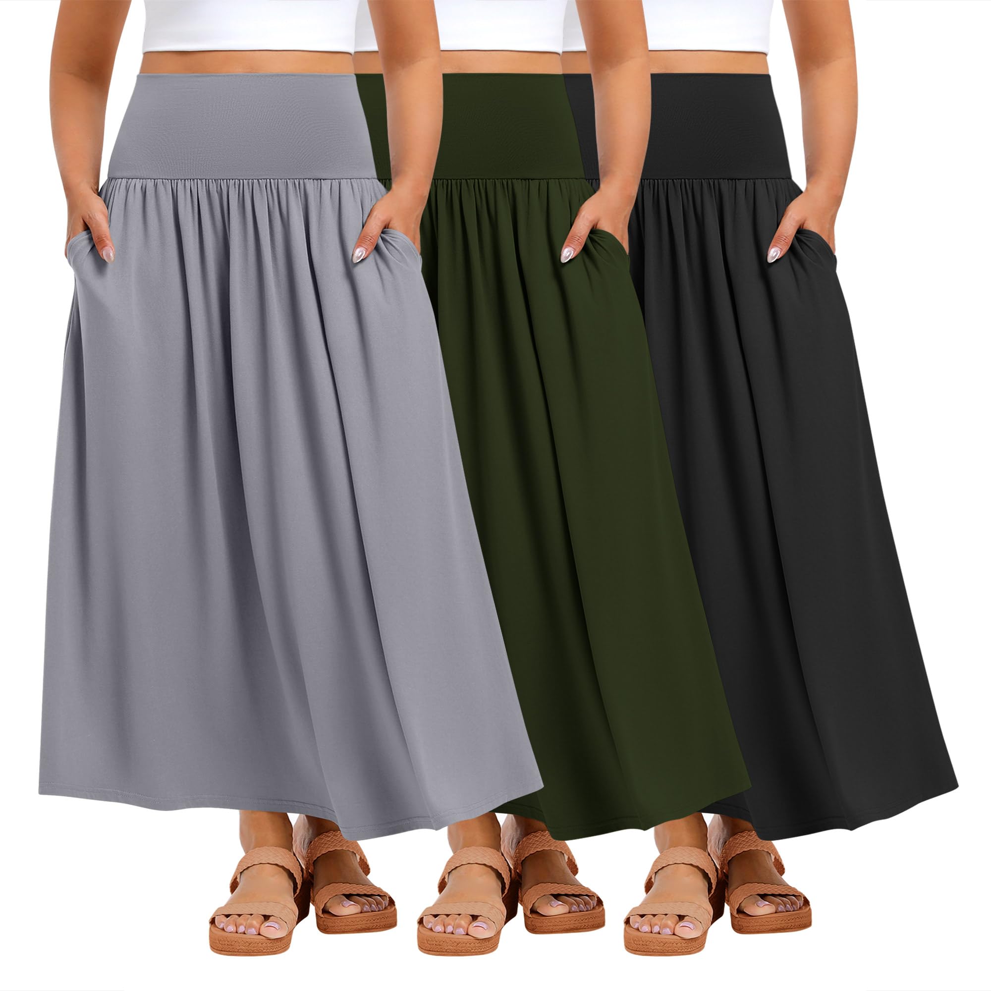 3 Pack Plus Size Maxi Long Skirts for Curvy Women, Ankle Length a Line Pleated High Waisted Summer Skirts with Pocket