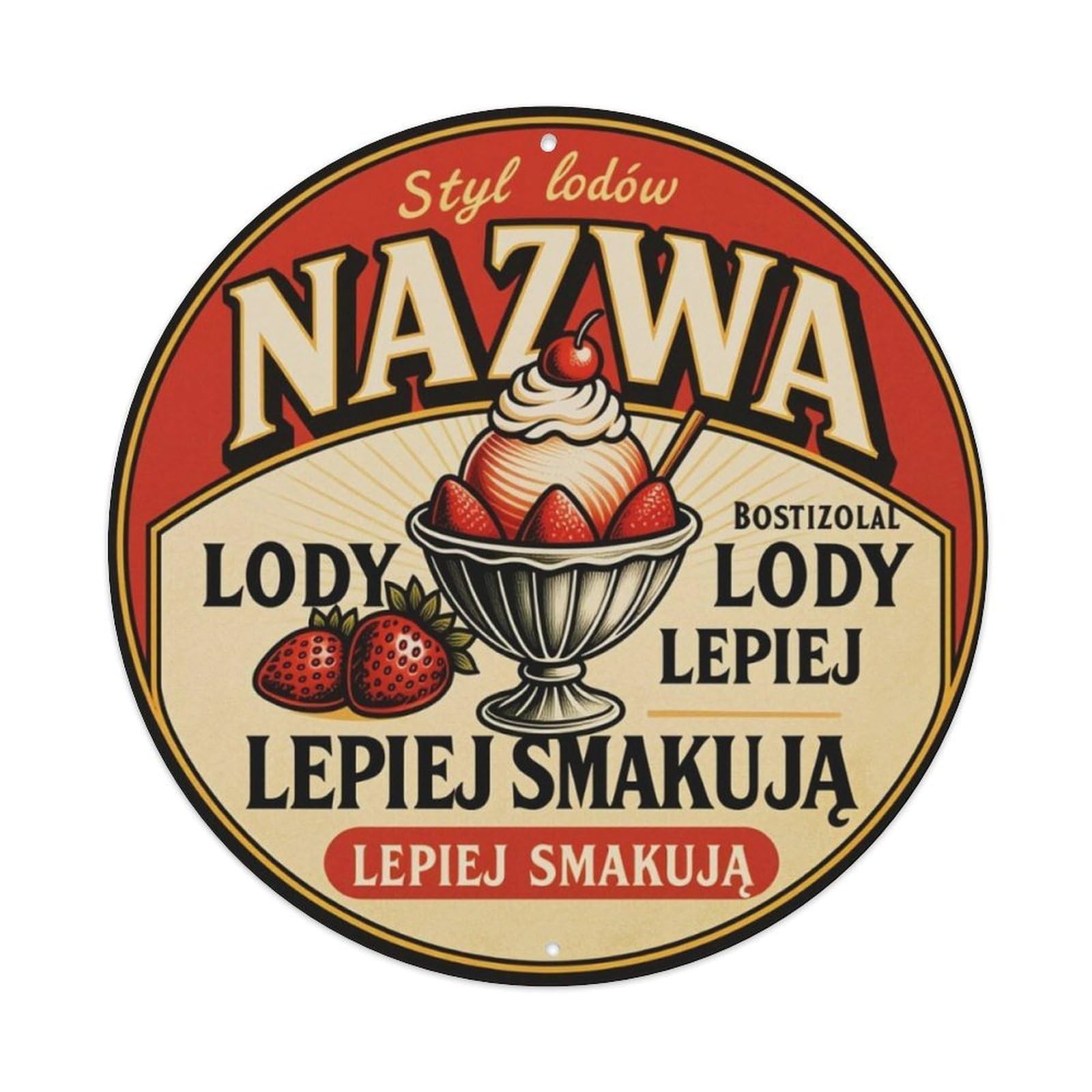 Polish Strawberry Ice Cream Vintage Round Decor Sign Vintage Aluminium Metal Sign, Retro Wall Decor for Home, Bar, Garage & Farmhouse 20x20cm